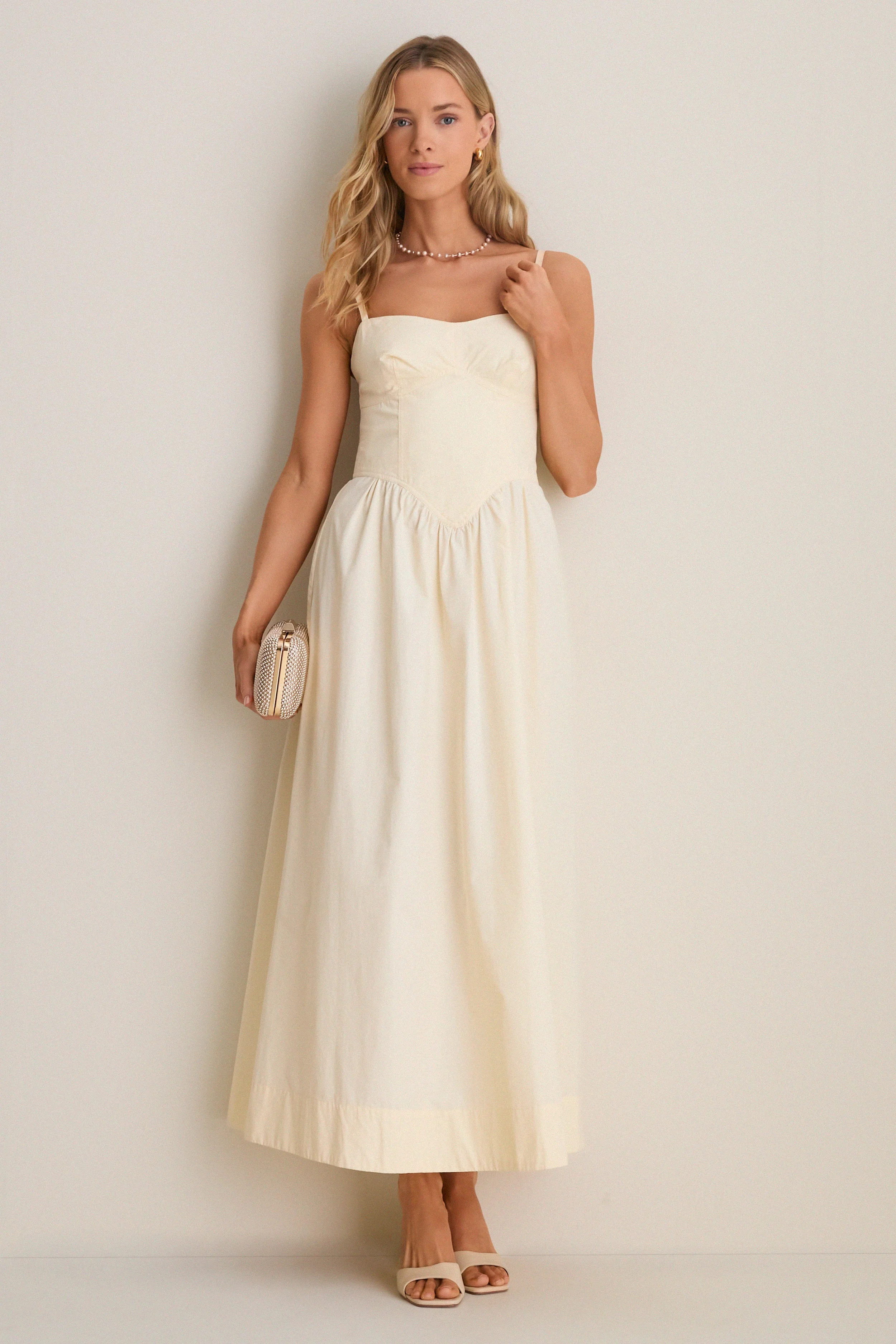 Beige Shell Waisted Midi Dress