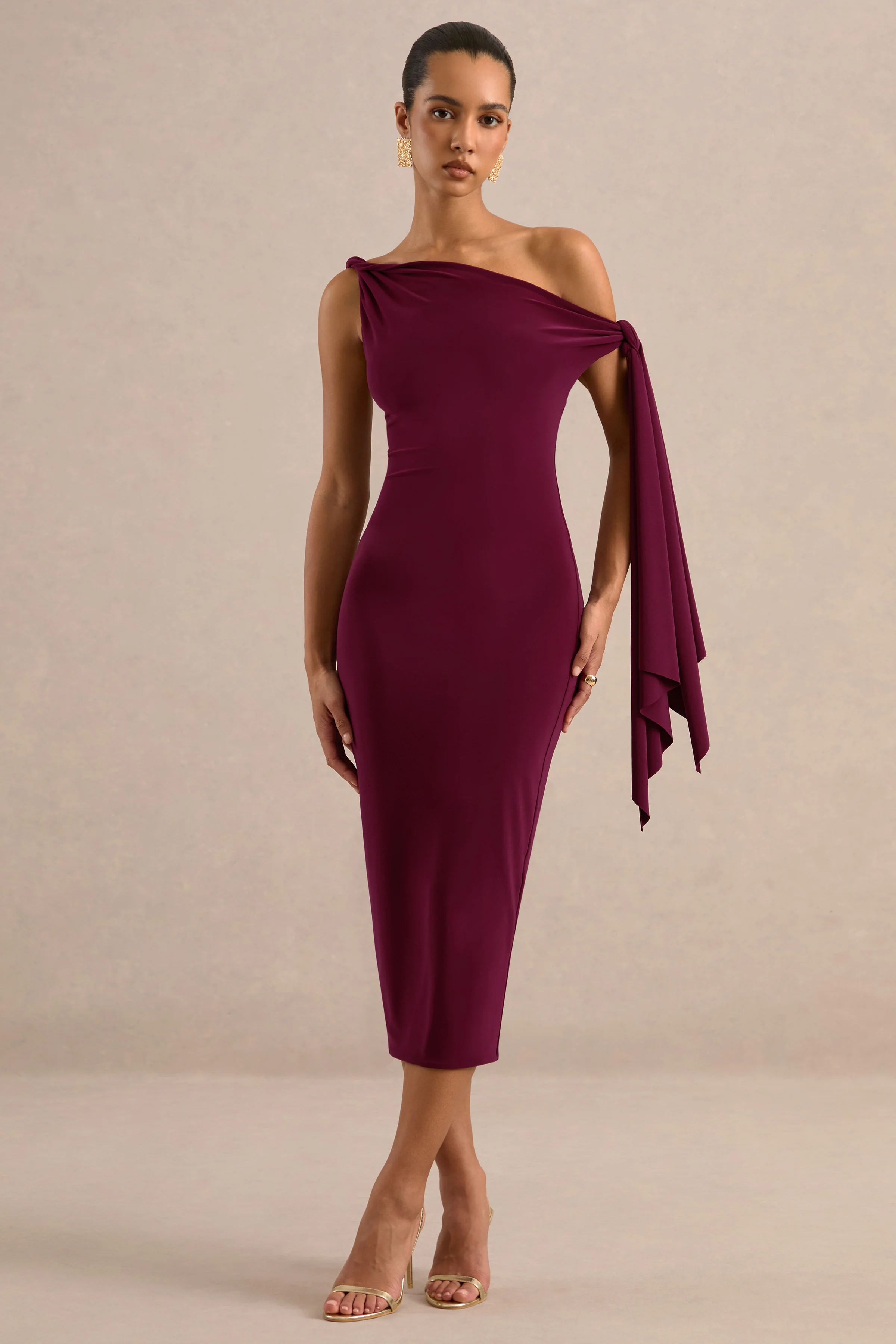 Arcelia | Burgundy Jersey One Shoulder Midi Dress With Twist And Knot Sash Detailing