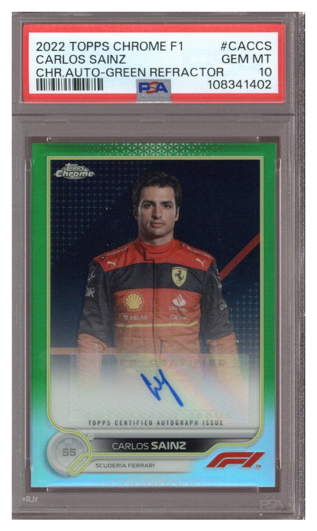 2022 TOPPS F1 CHROME GREEN REFRACTOR CARLOS SAINZ 74/99 PSA 10 AUTO