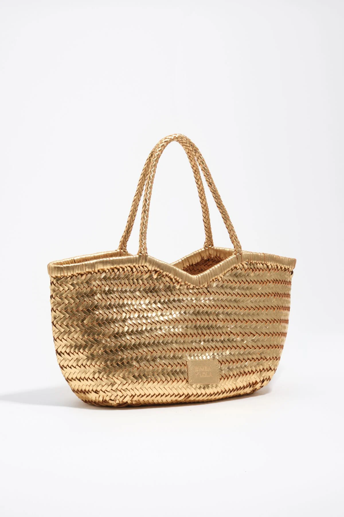 Large plaited gold leather shopper bag