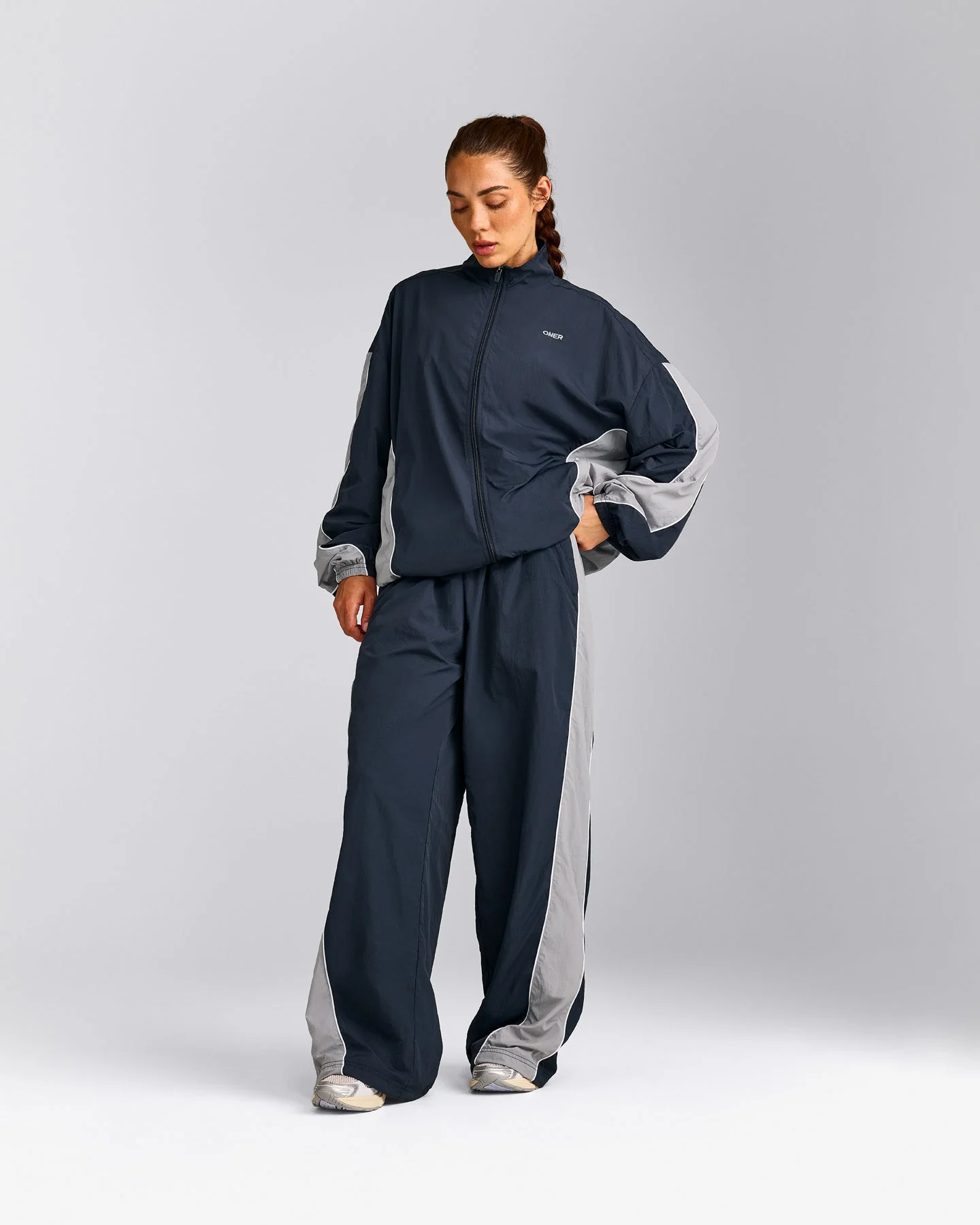 Oversized Contrast Piped Woven Straight Leg Track Bottoms | True Blue