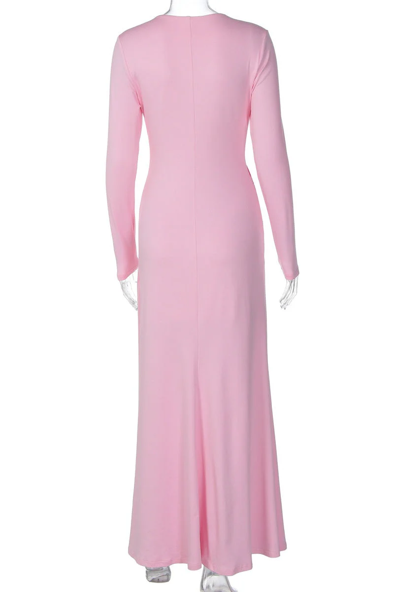 Long Sleeves Pink Ruched Long Dress