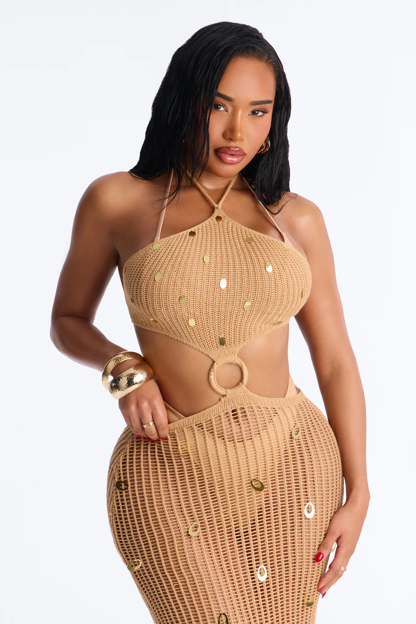 Heat Island Crochet Swim Cover Up Dress - Tan