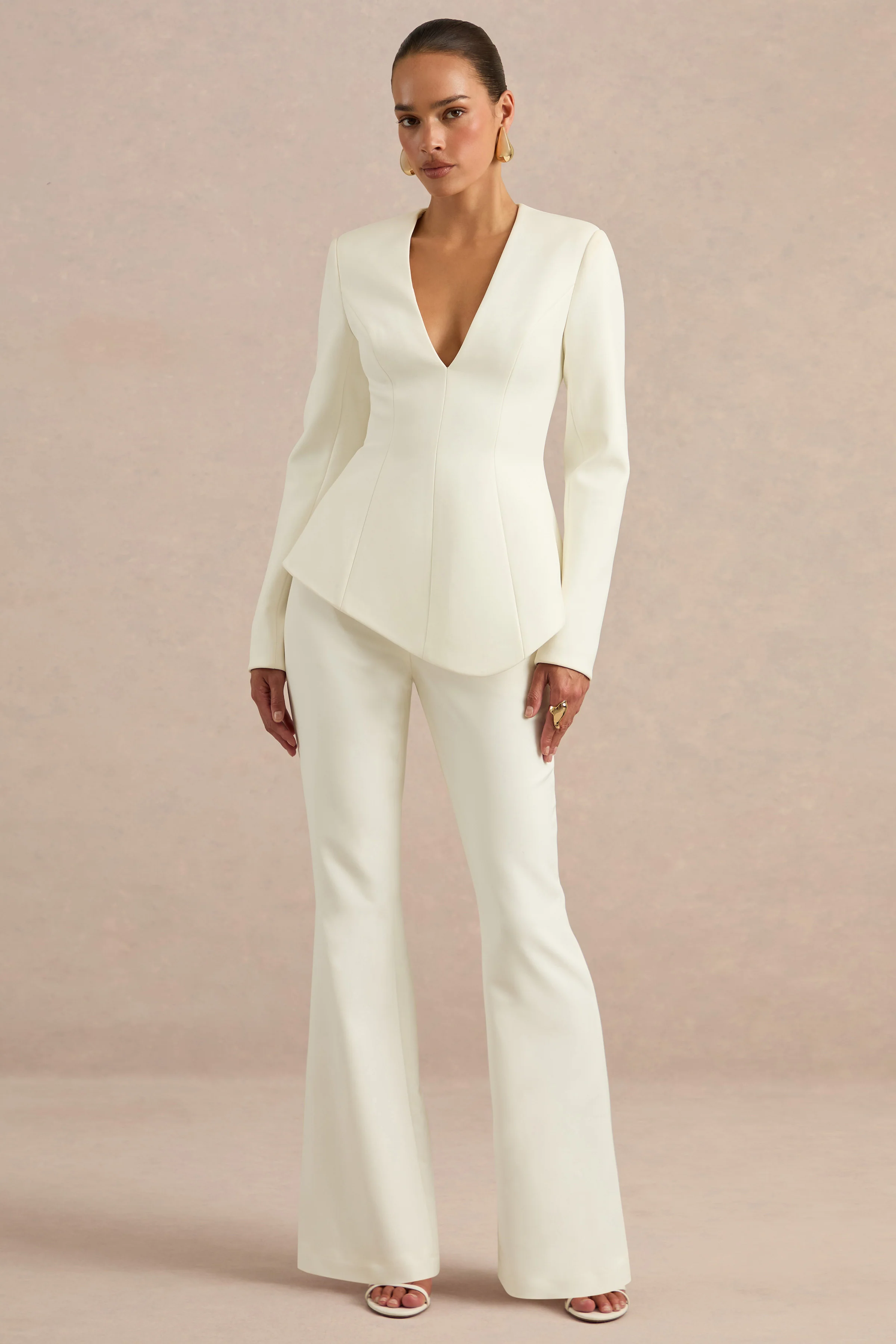 Ysabel | Cream Plunge Tailored Long Sleeve Top