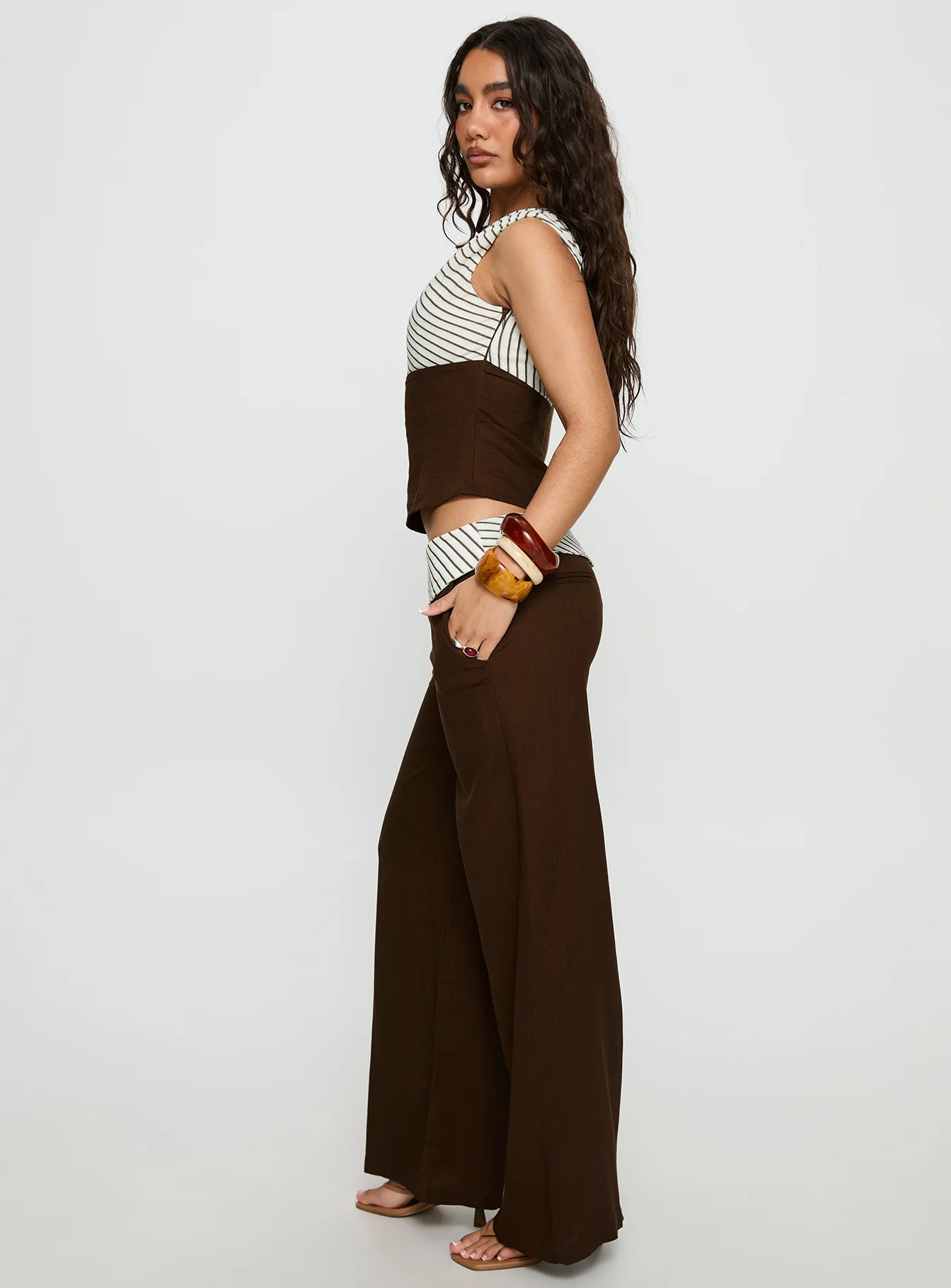 Past Life Fold Over Waistband Pant Brown / Stripe