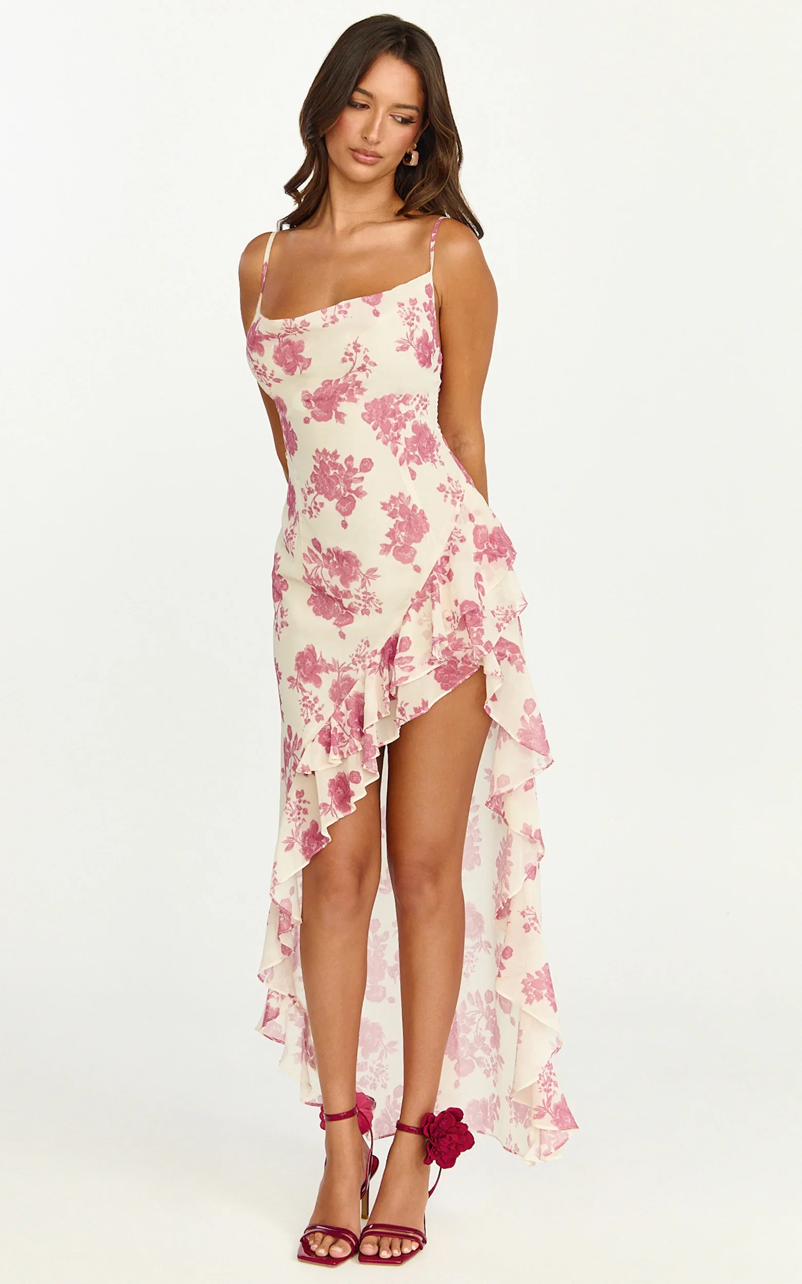 Lila Maxi Dress - Cowl Neck Asymmetric Frill Skirt Dress in Toile De Joie Print