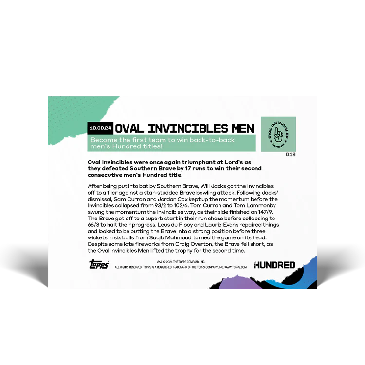 Oval Invincibles Men - Become the first team to win back-to-back men’s Hundred titles! - 2024 The Hundred TOPPS NOW® Card 19