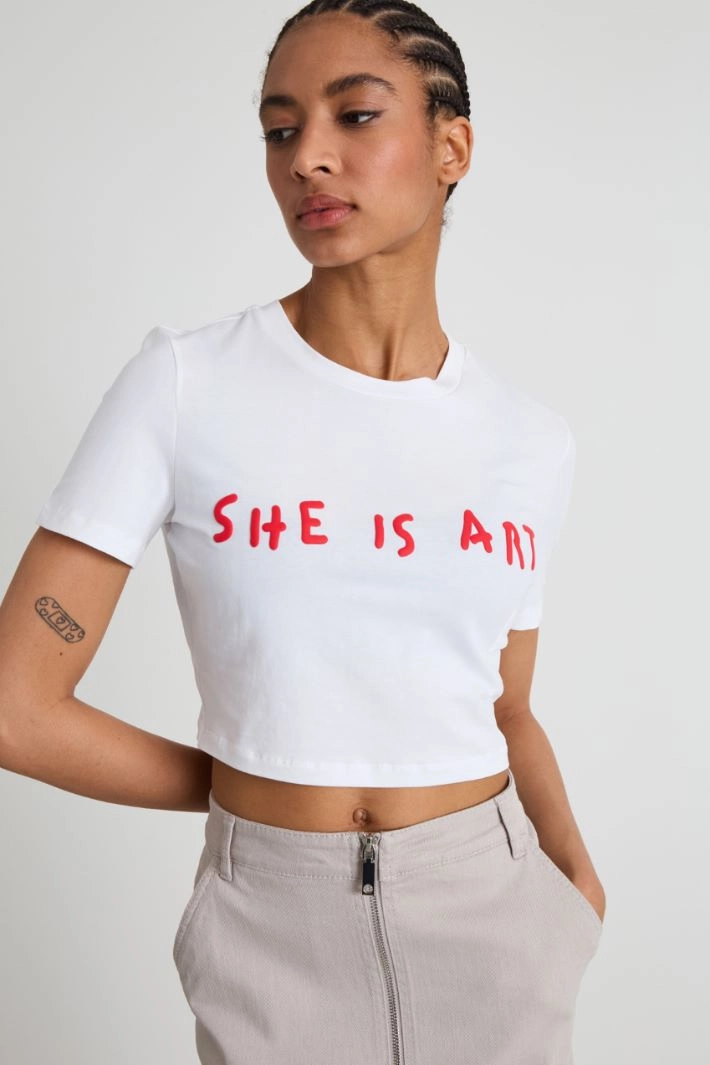 Cropped T-shirt with print - WHITE