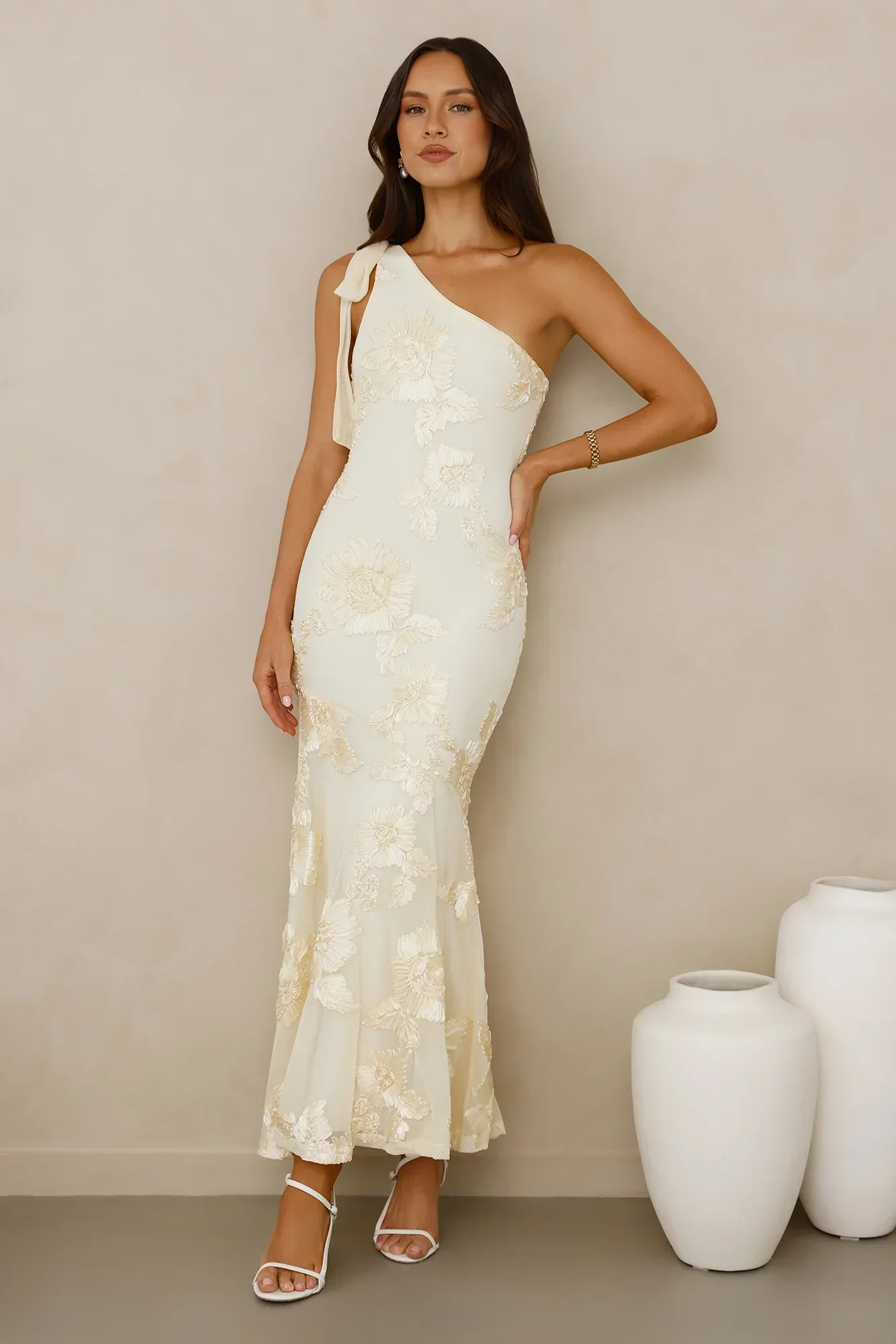 Glossy Girl One Shoulder Mesh Maxi Dress Yellow