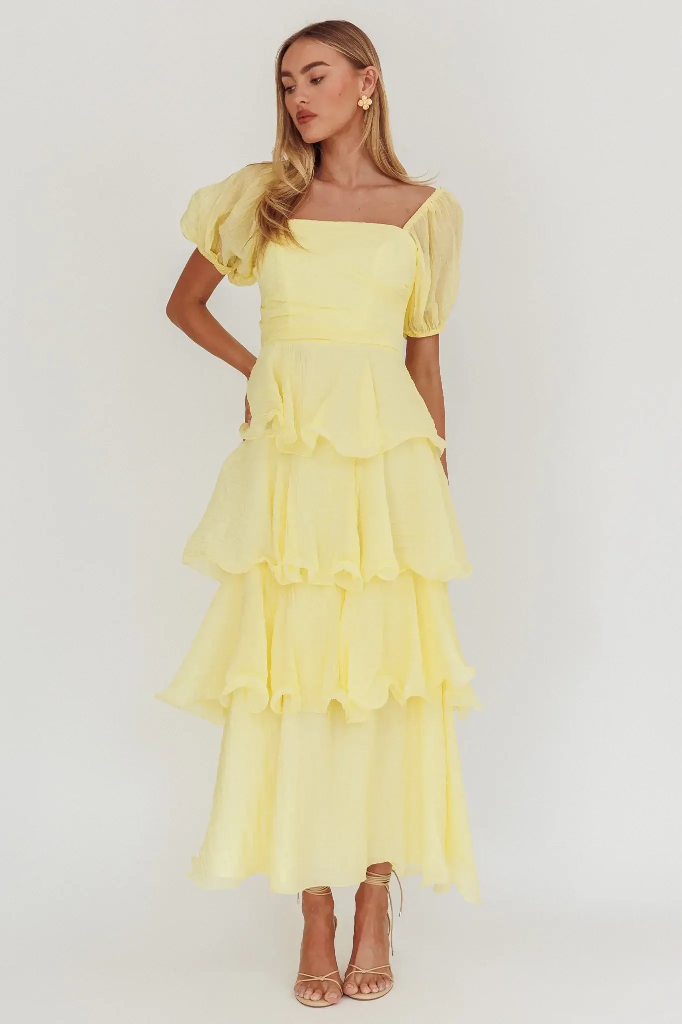 Giavana Puff Sleeve Layered Maxi Dress Lemon