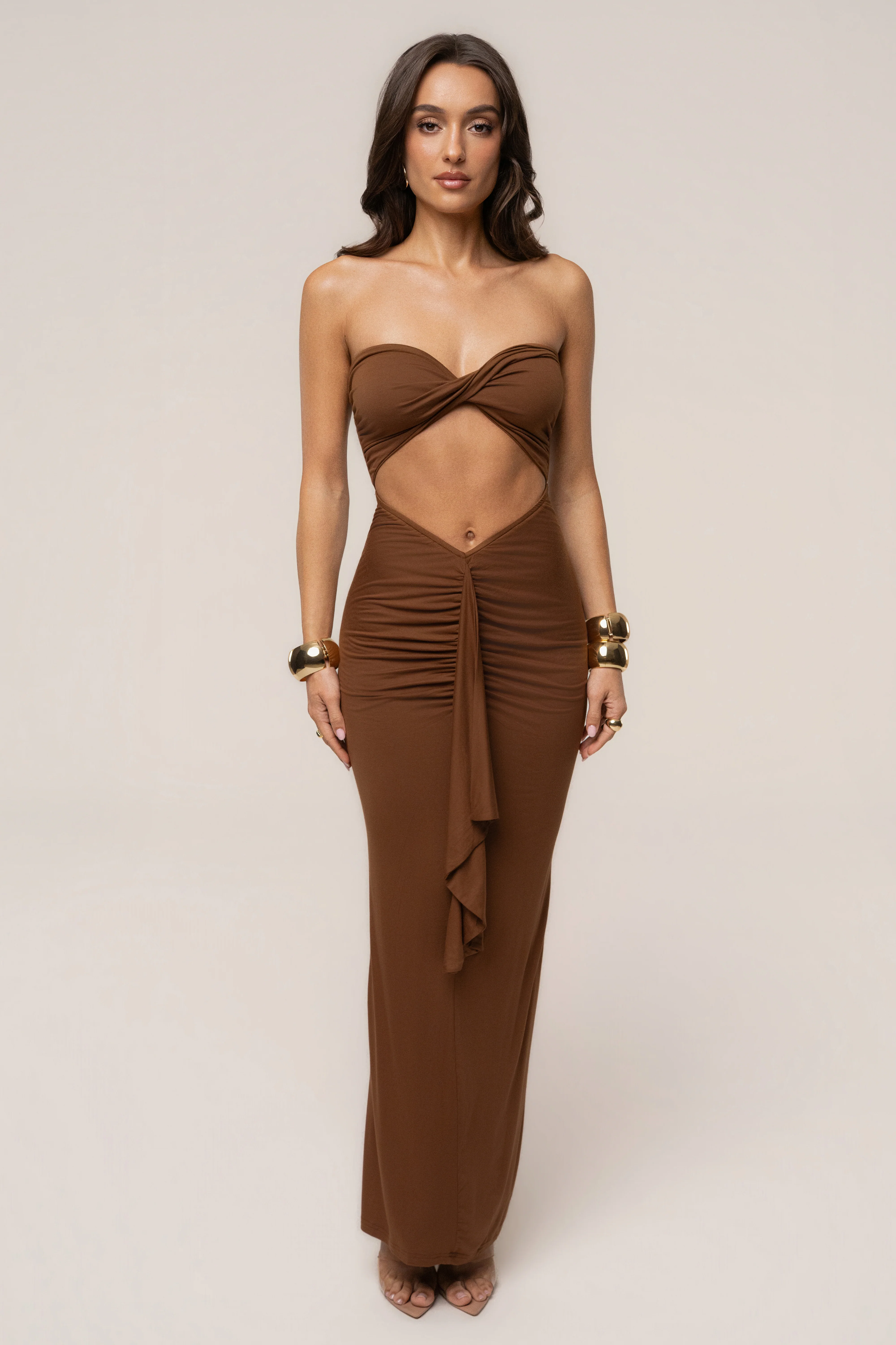 Chocolate Strapless Drape Maxi Dress