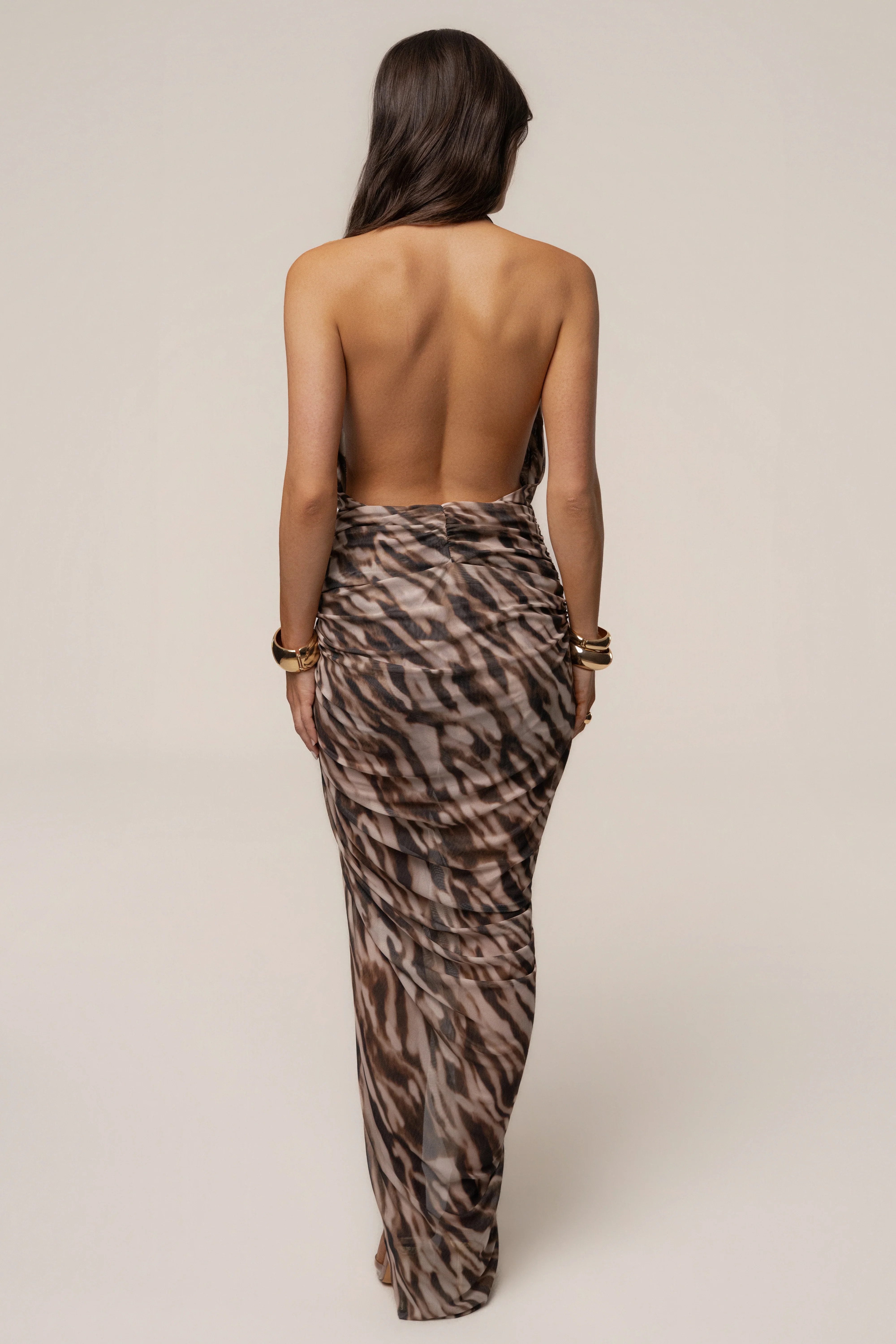 Brown Zebra Ariana Plunge Halter Dress