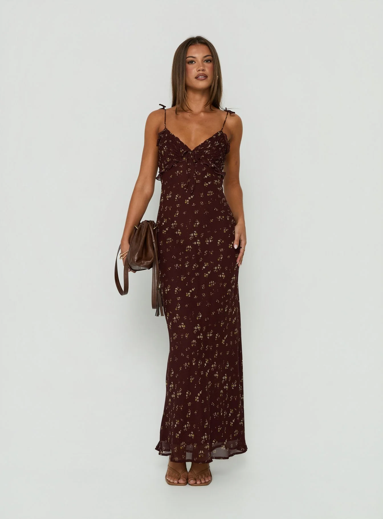 Morcar Frill V Neck Maxi Dress Brown / Yellow Floral