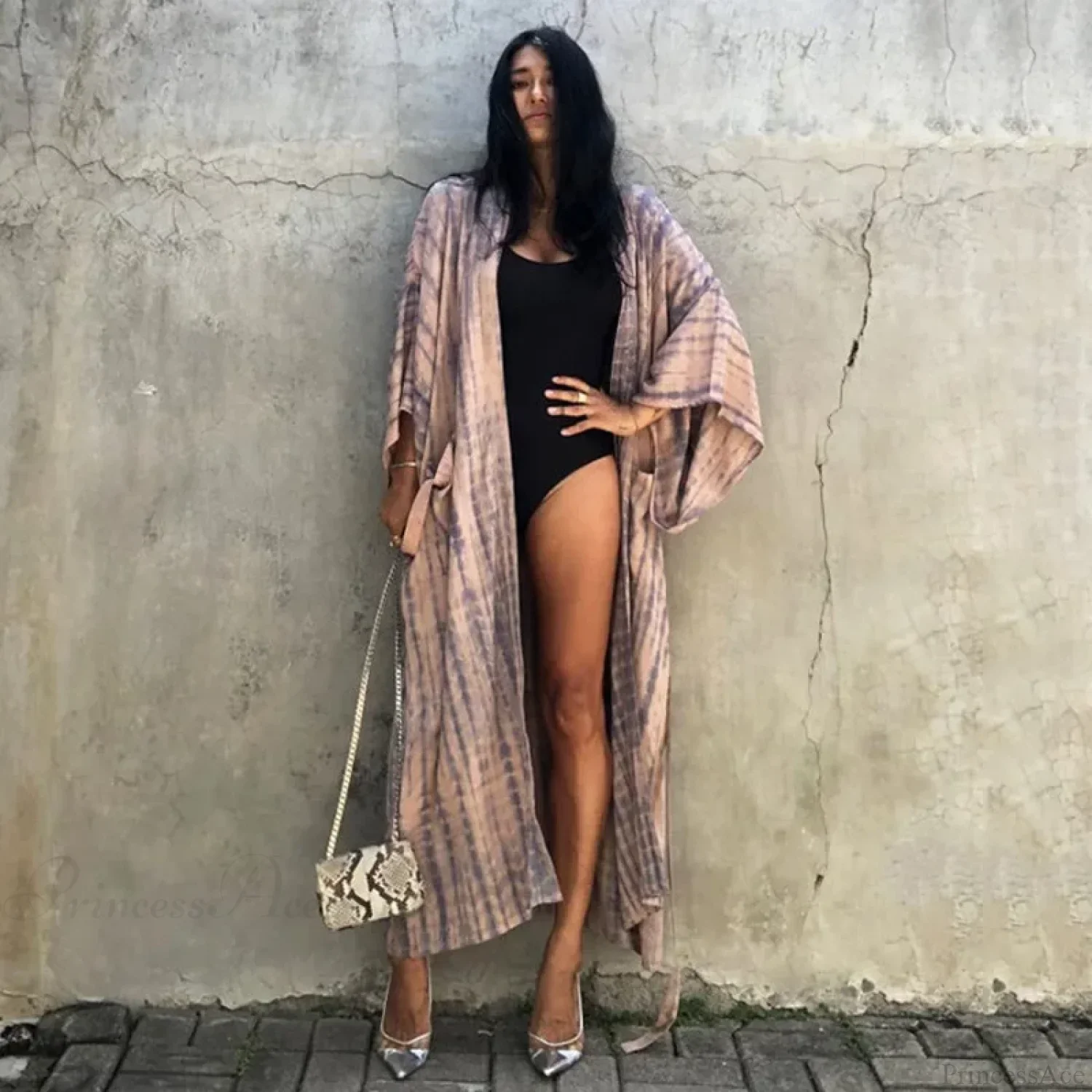 Green Printed Silky Kimono Robe Boho Cover up