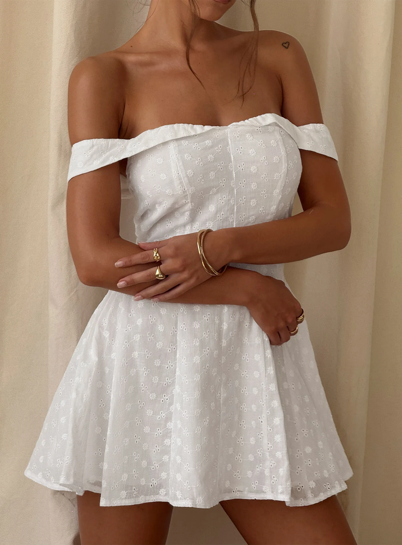 Rosebud Broderie Off The Shoulder Mini Dress White
