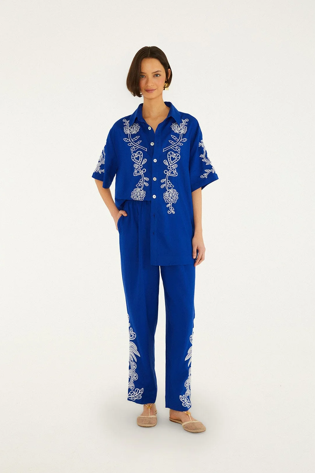 Blue Romantic Embroidered Pants