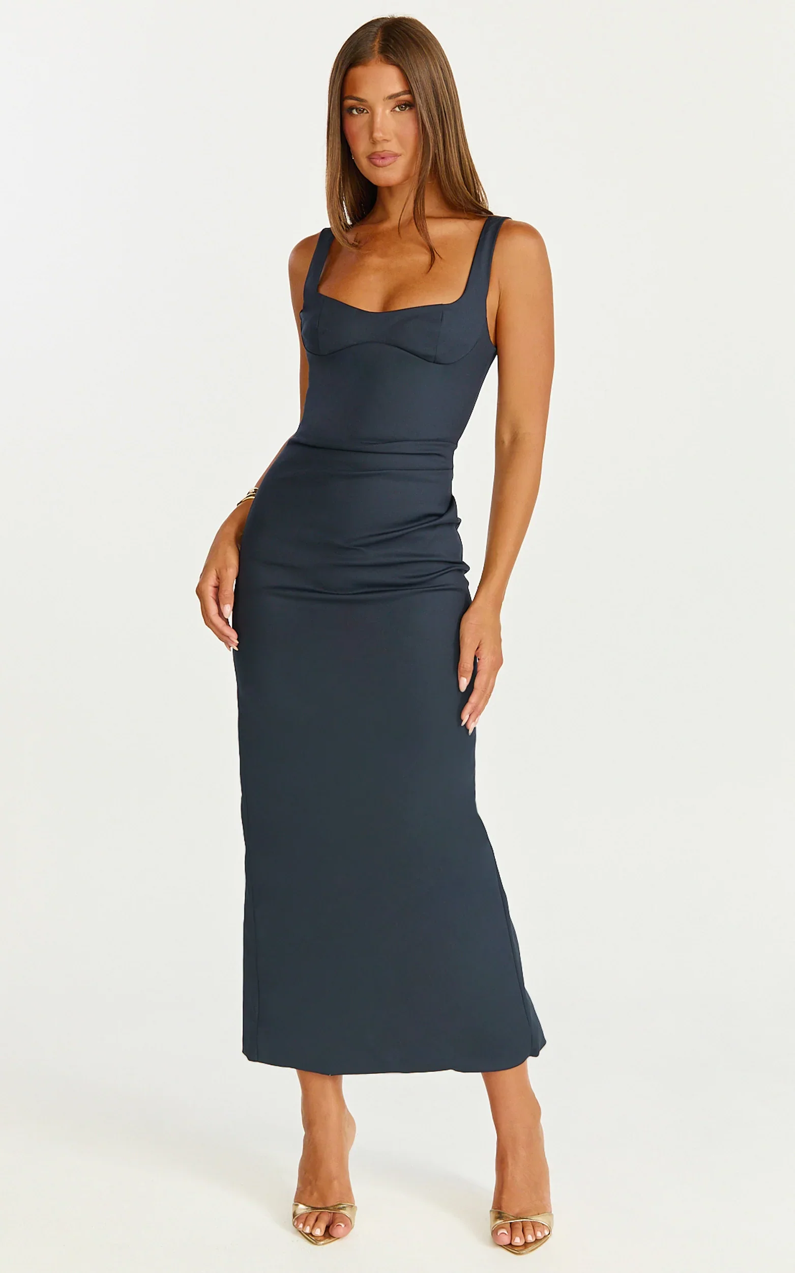 Benita Midi Dress - Scoop Neck Ruched Fitted Dress in Navy