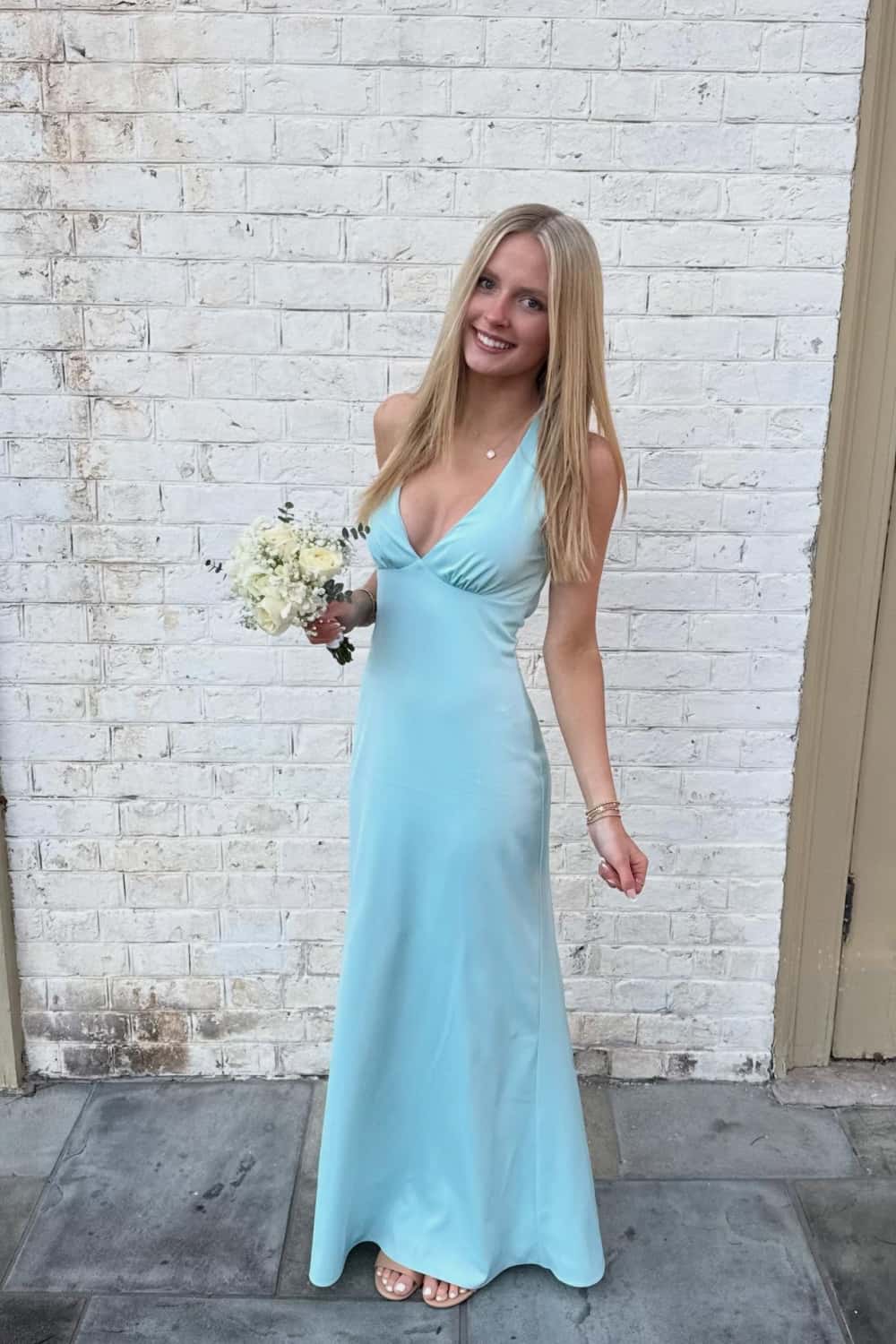 V Neck Light Blue Satin Long Dress