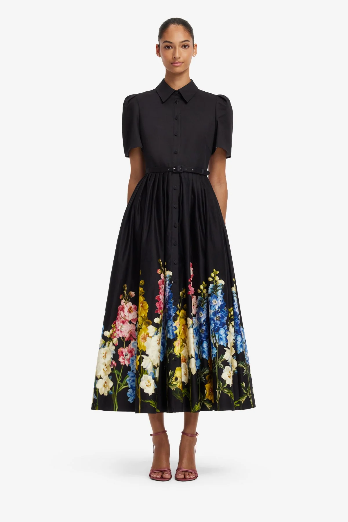 Bianca Short Sleeve Midi Dress - Snapdragon Print in Ebony
