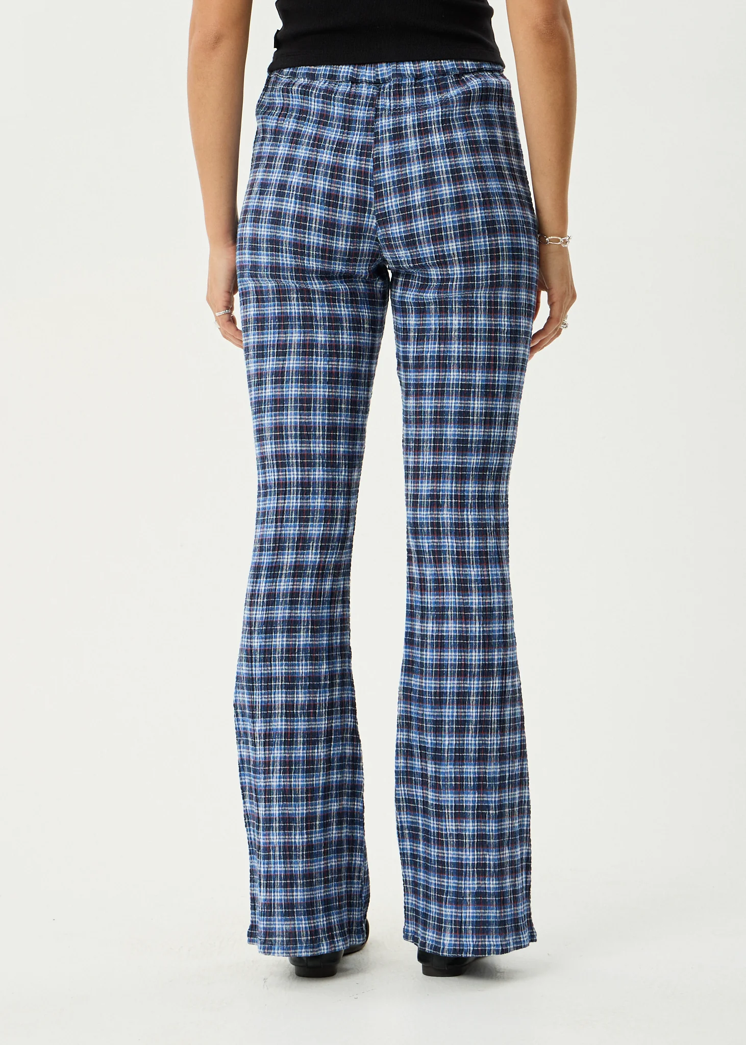 AFENDS Womens Mountains - Seersucker Flare Pant - Navy Red Check