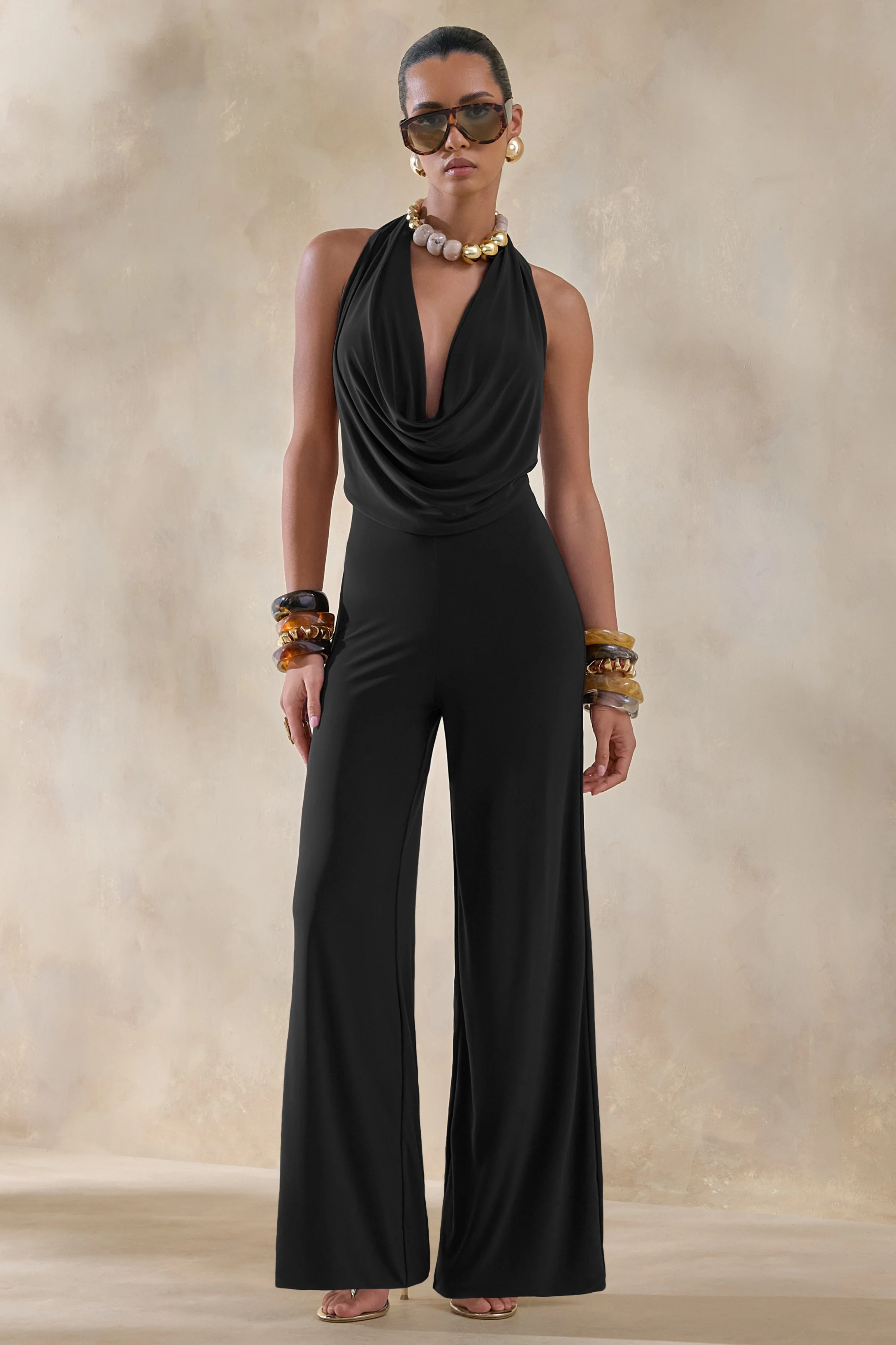 Clemence | Black Plunge-Neck Jumpsuit