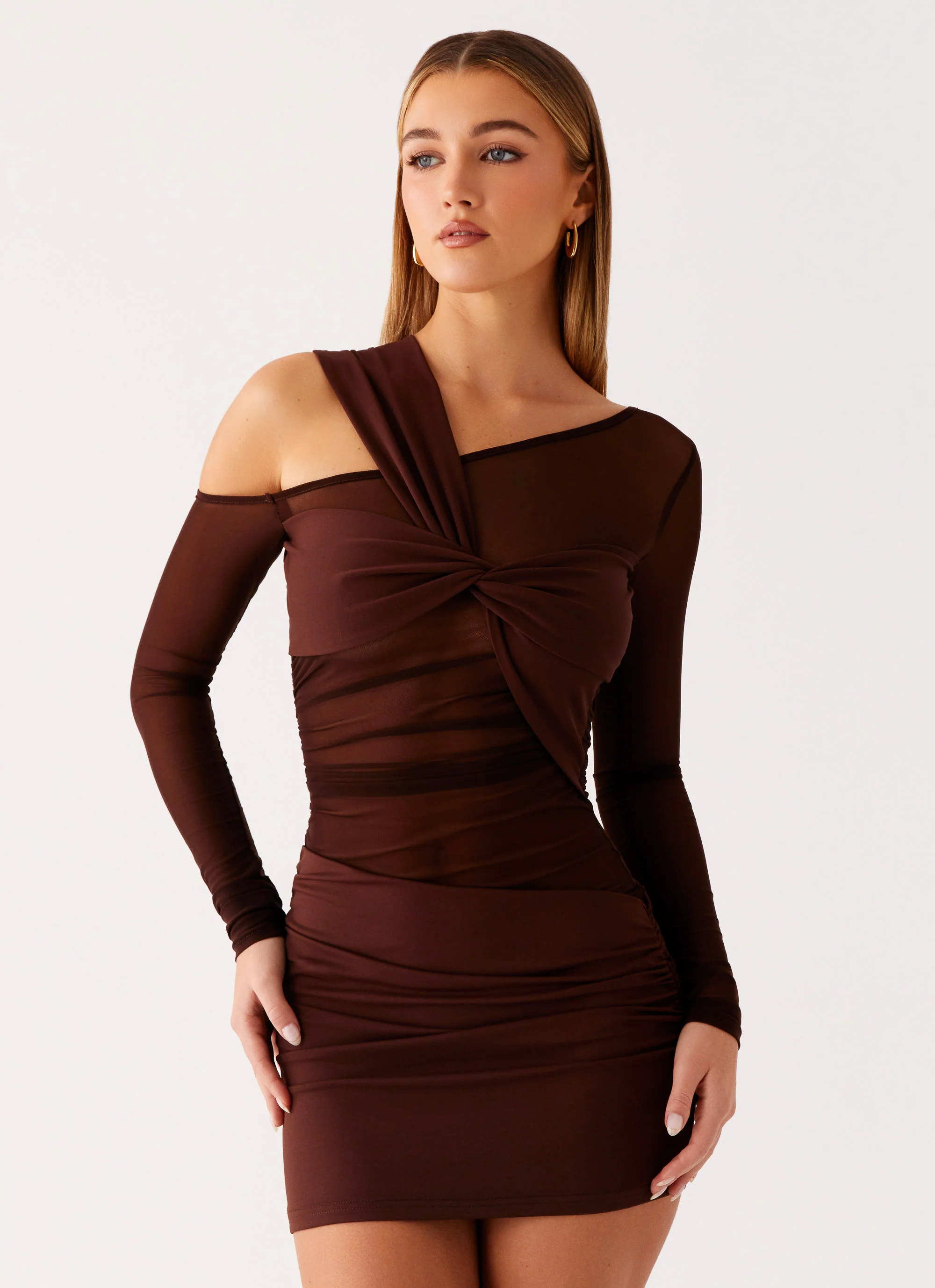 Ophelie Asymmetric Long Sleeve Mini Dress - Chocolate