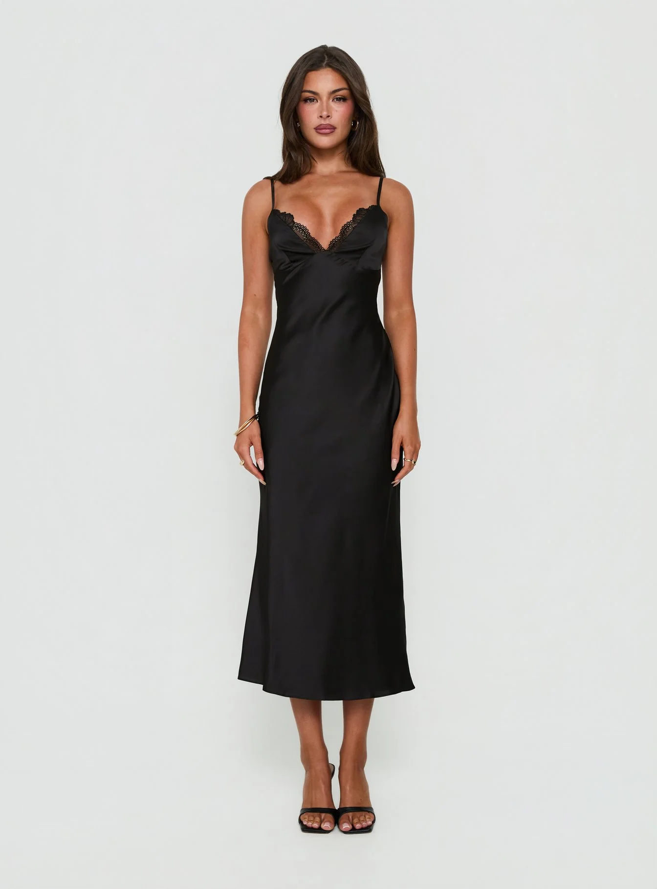 Declanna Satin Lace Trim Slip Midi Dress Black