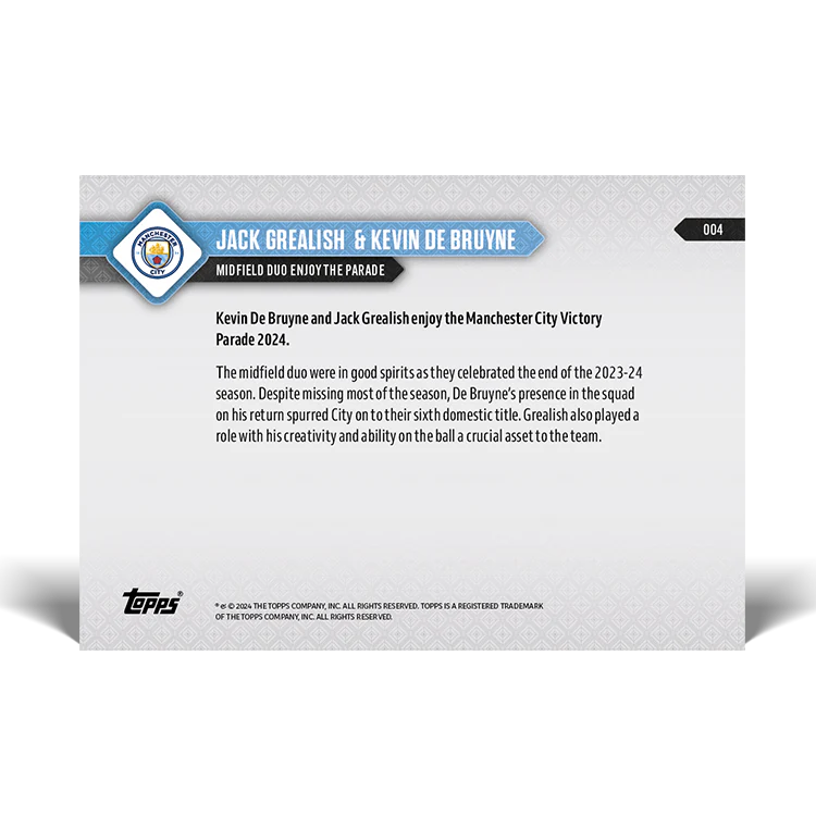 Kevin De Bruyne & Jack Grealish - Midfield duo enjoy the parade - 23/24 Man City TOPPS NOW® Card 4