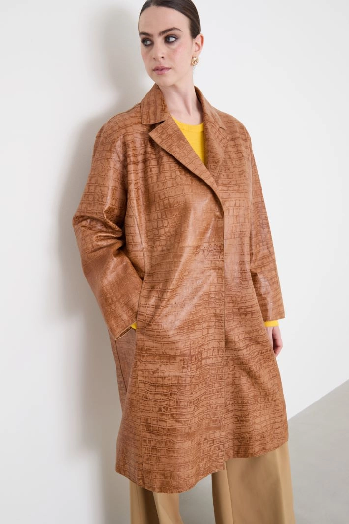 Crocodile-print leather duster coat - BROWN