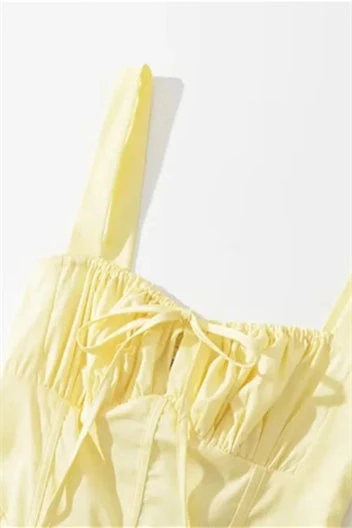 Yellow Tie Front Ruched Long Dress with Slit