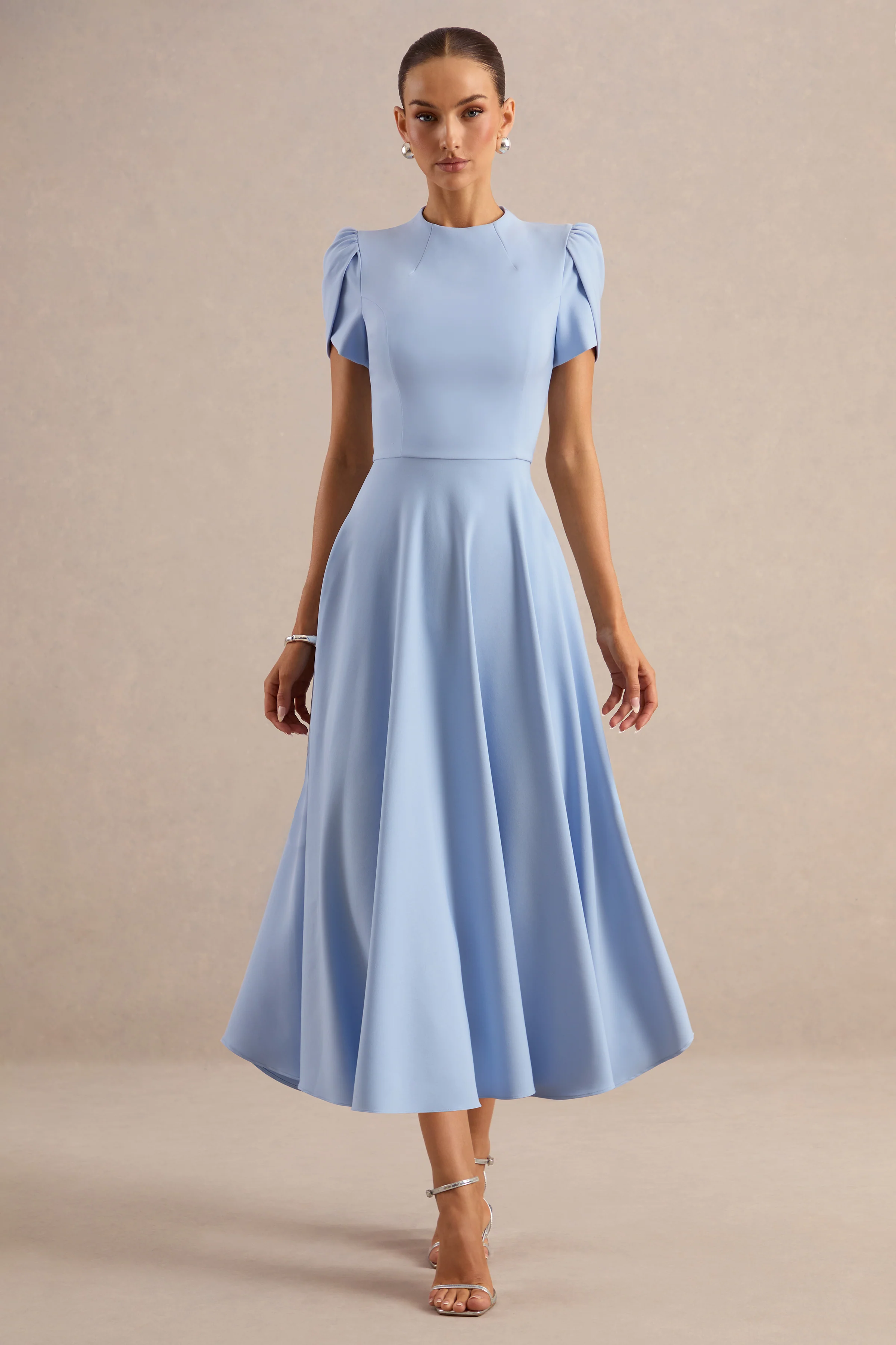 Vicky | Powder Blue High Neck Midi Dress With Puff Sleeves