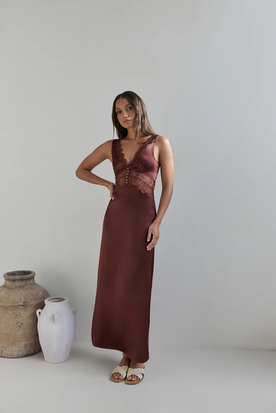 Romantic One Satin Maxi Dress Brown