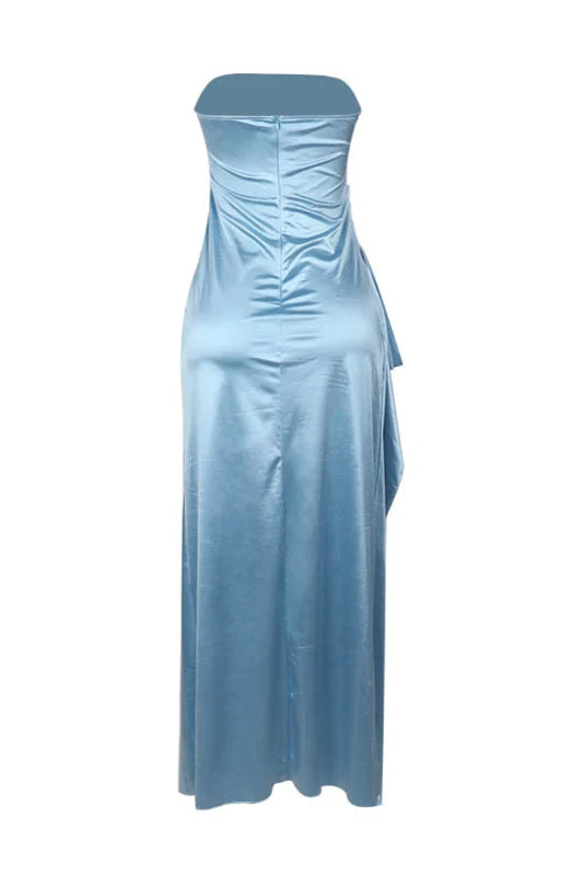 Strapless Blue Ruched Long Dress