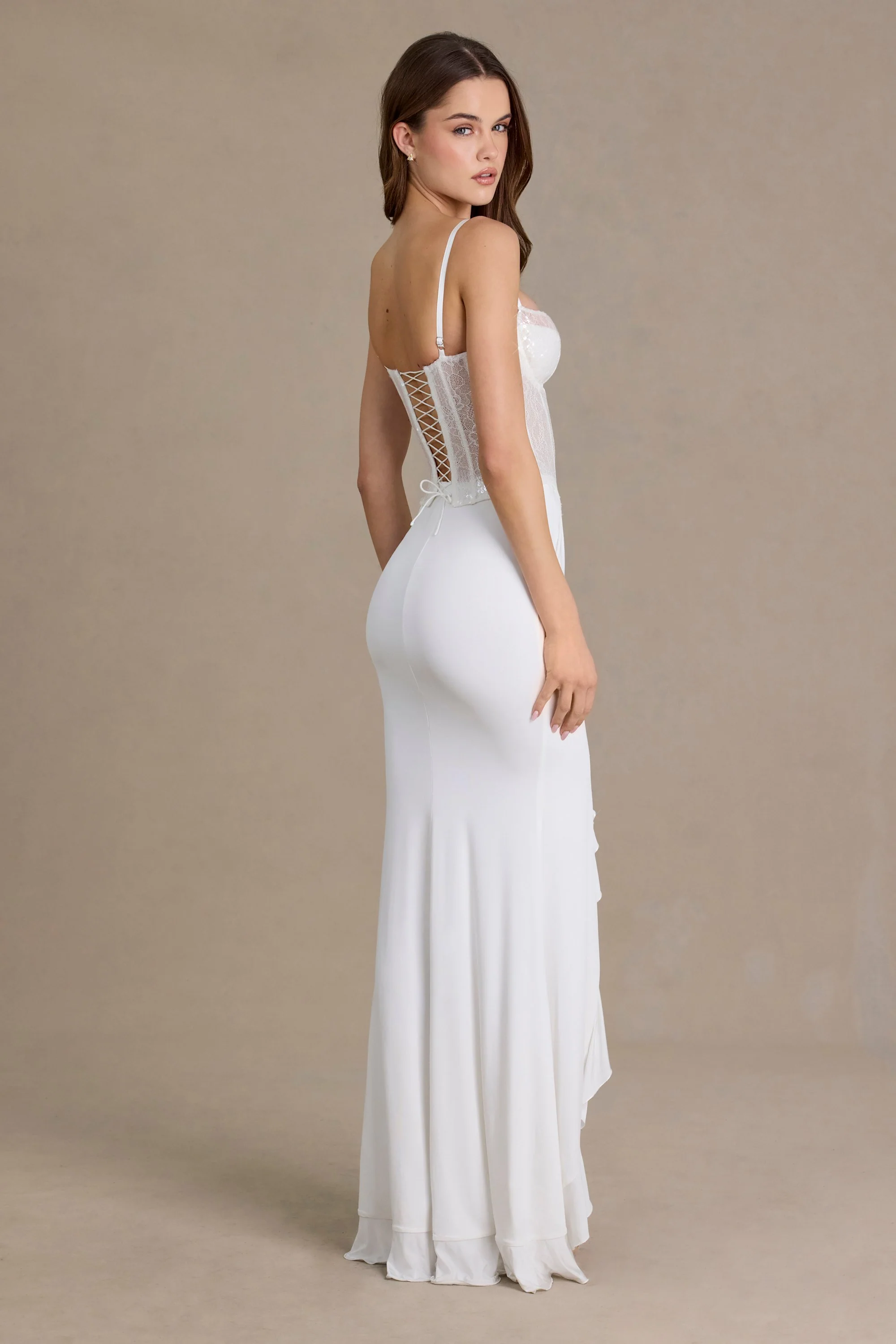 Embellished Lace Corset Gown in Snow