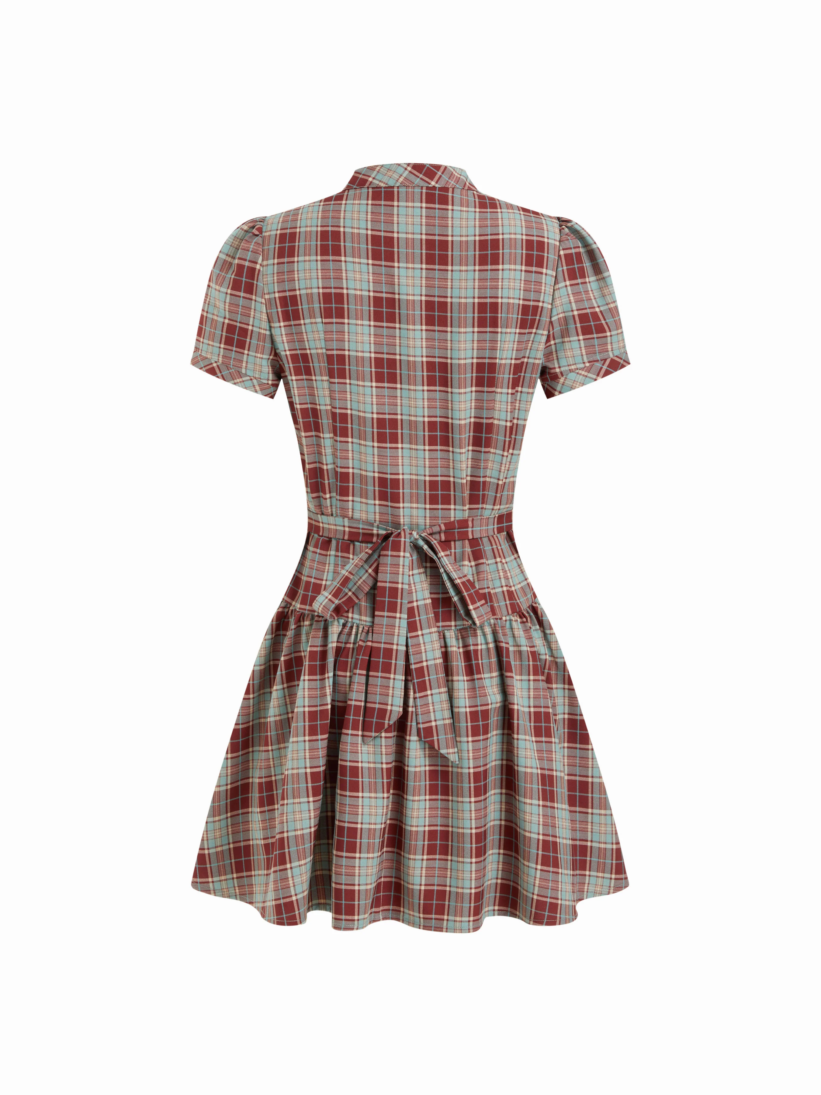 Plaid Stand Collar Puff Sleeve Tie Back Button Mini Dress