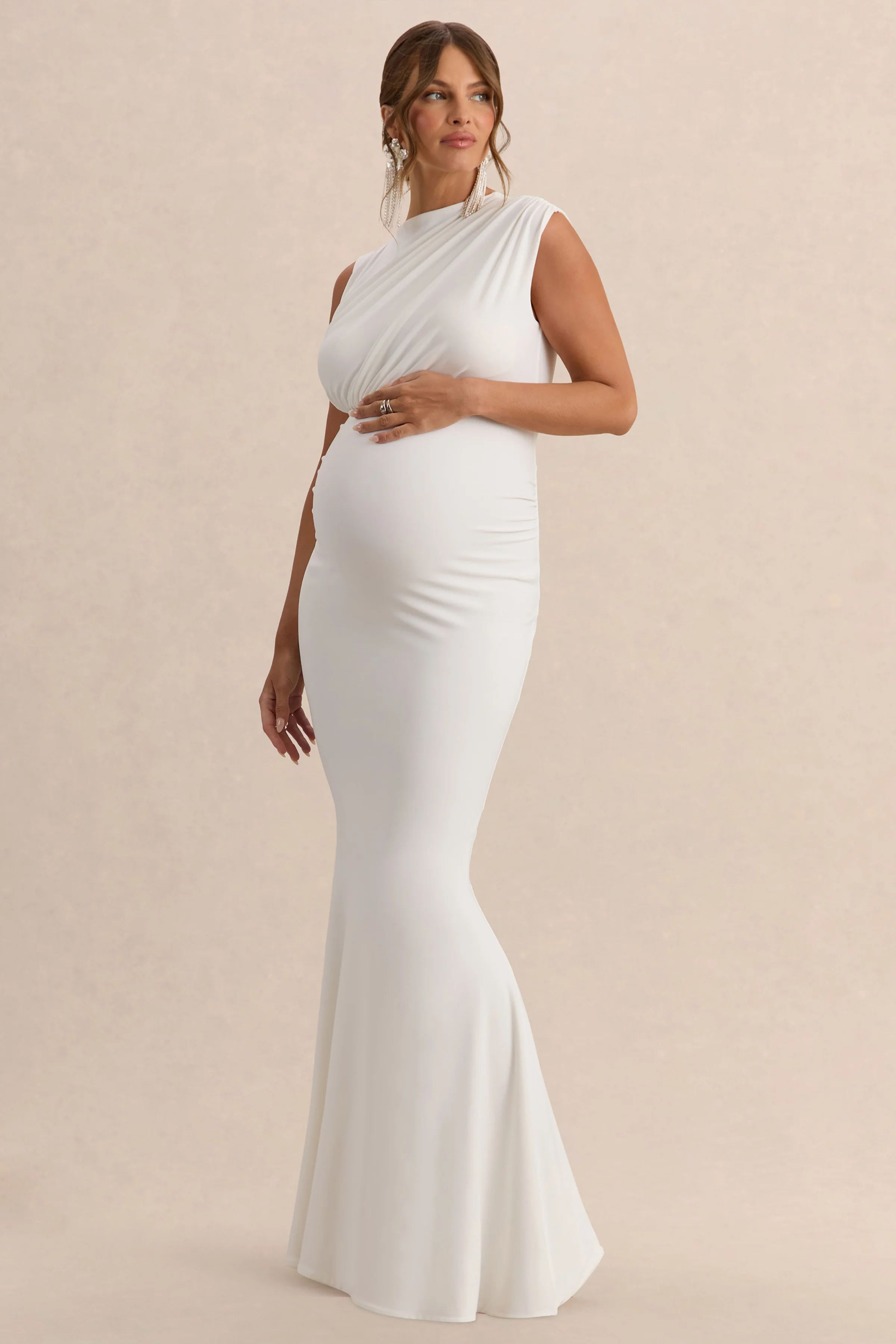 Osanna | White Wide-Neck Maternity Maxi Dress With Ruched Detailing