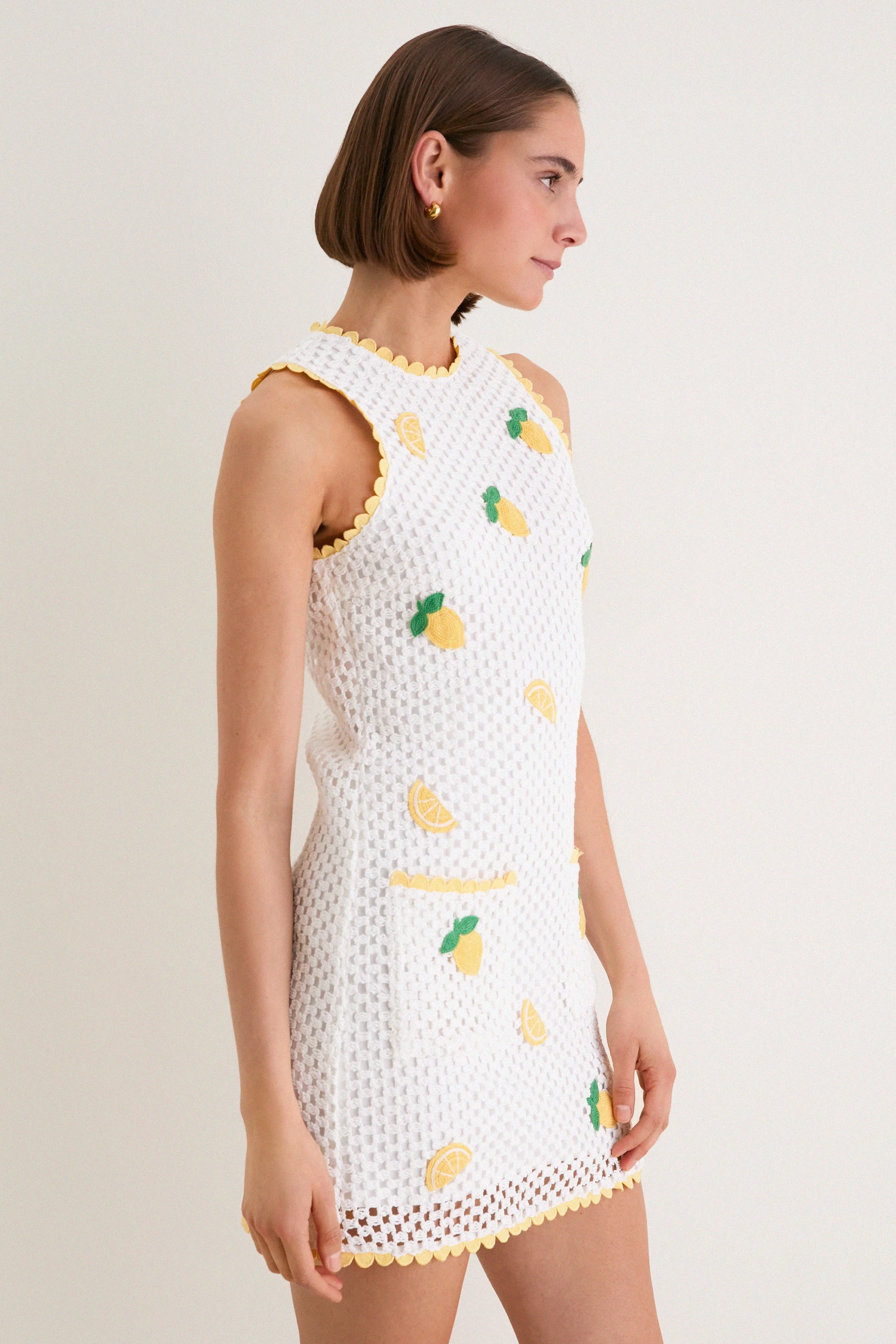 Bright White Lemon Crochet Wynn Mini Dress