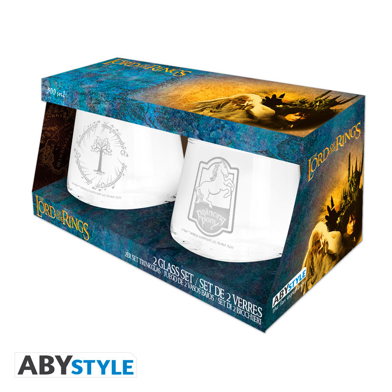 THE LORD OF THE RINGS 2 Glass Set Prancing Pony & Gondor tree