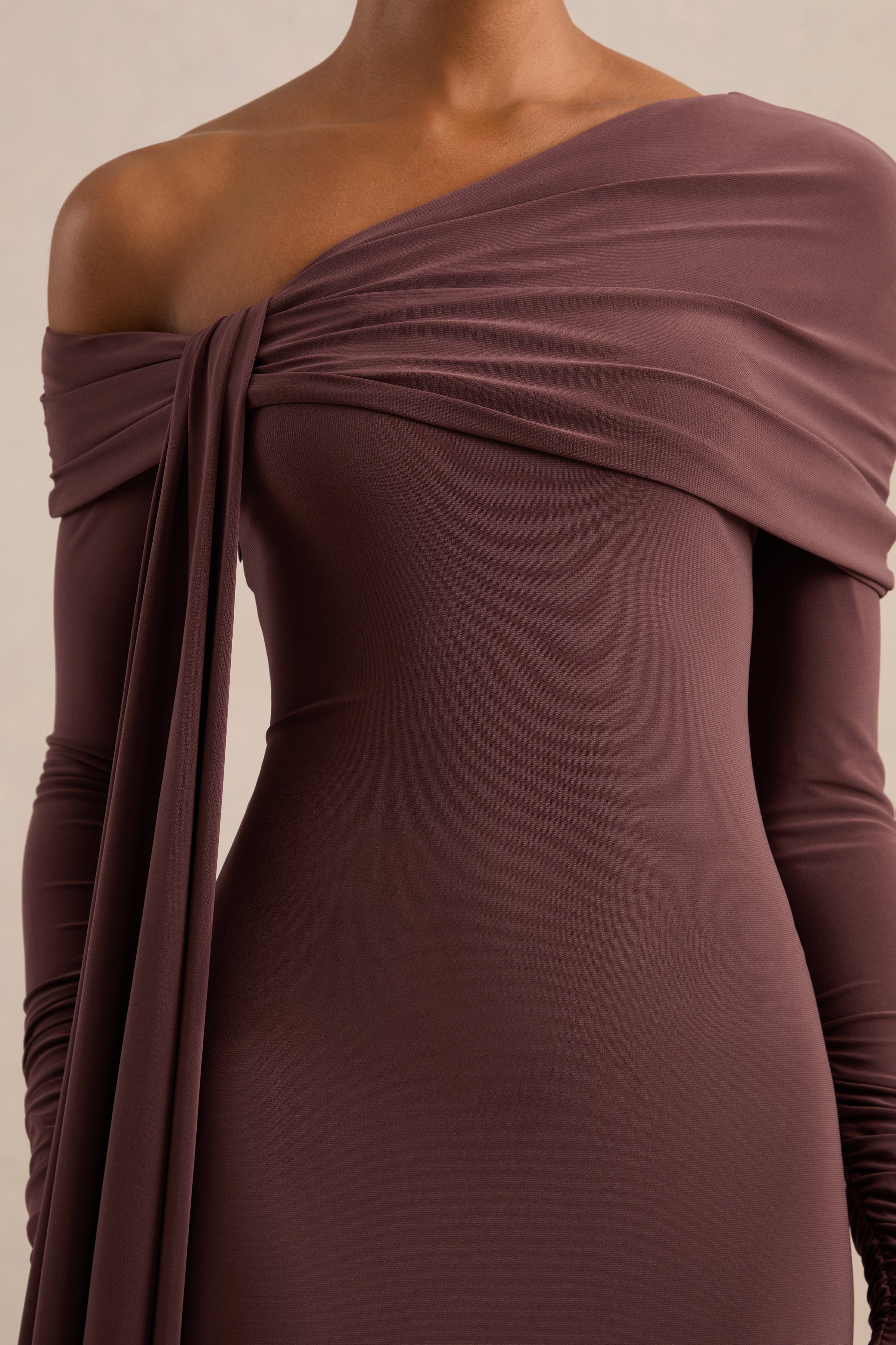 Faeryn | Dark Brown Jersey One Shoulder Long Sleeve Maxi Dress With Sash