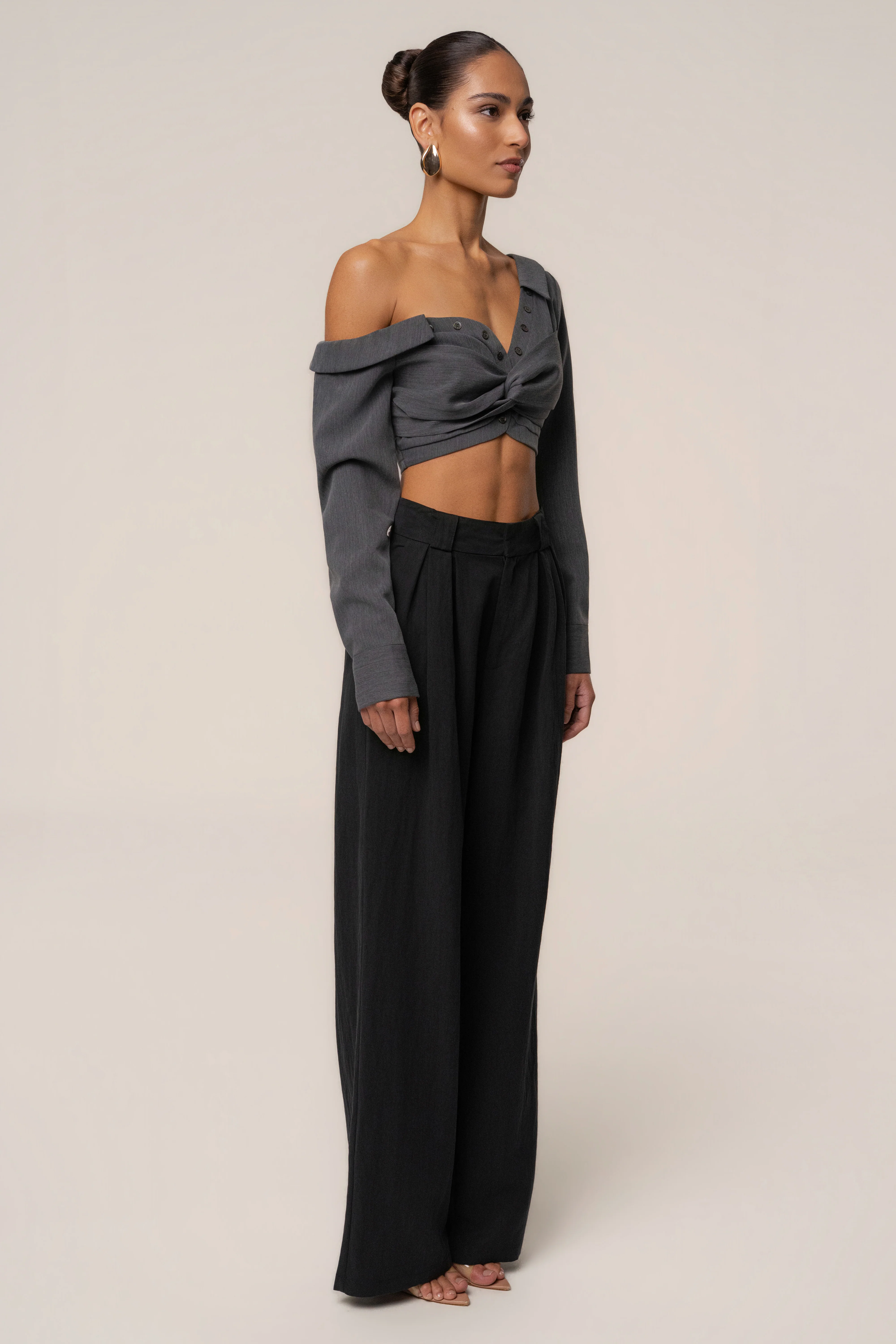Grey Off-Shoulder Twist Crop Top