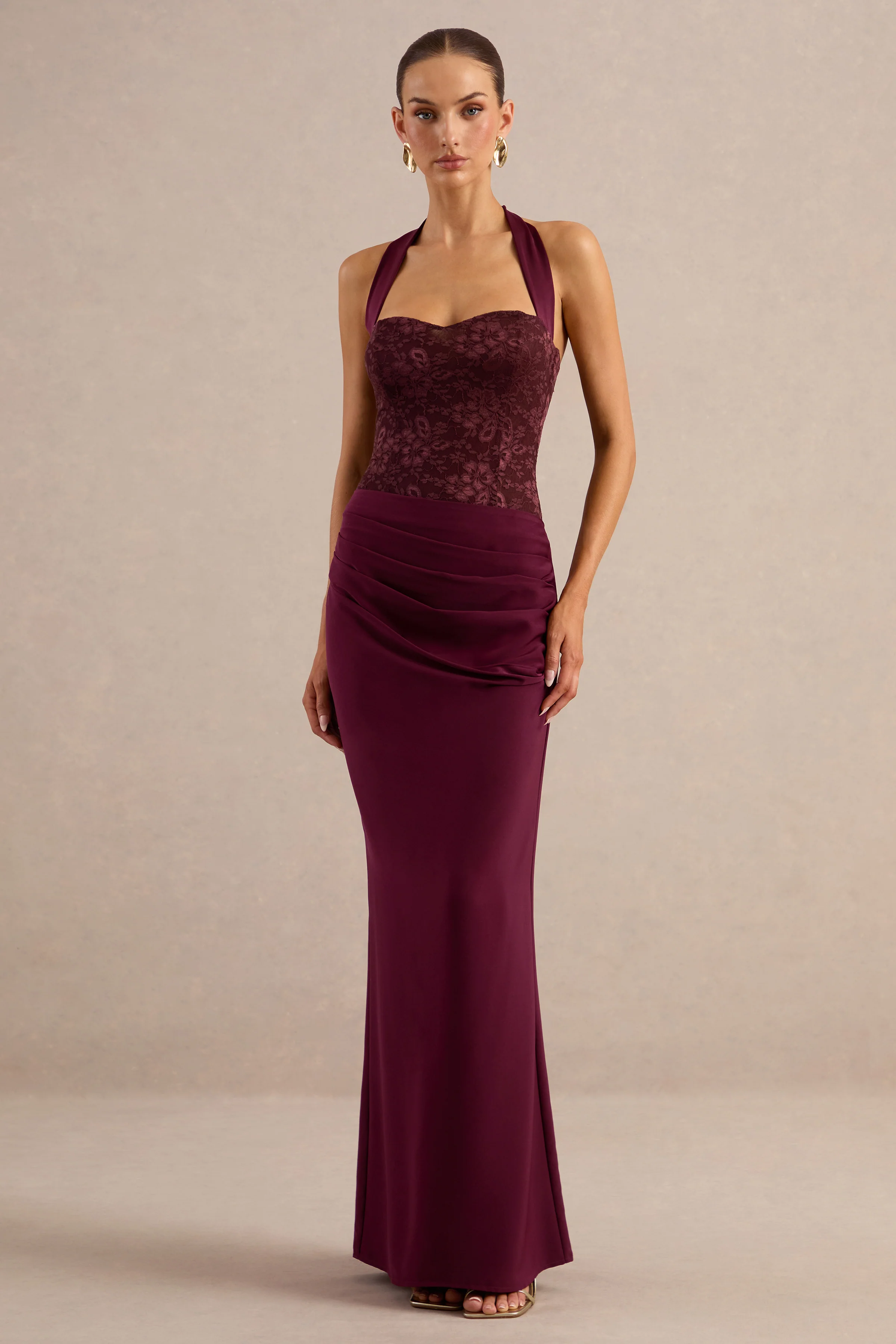 Sylisse | Burgundy Satin Mid Rise Maxi Skirt With Draped Detailing And Back Split