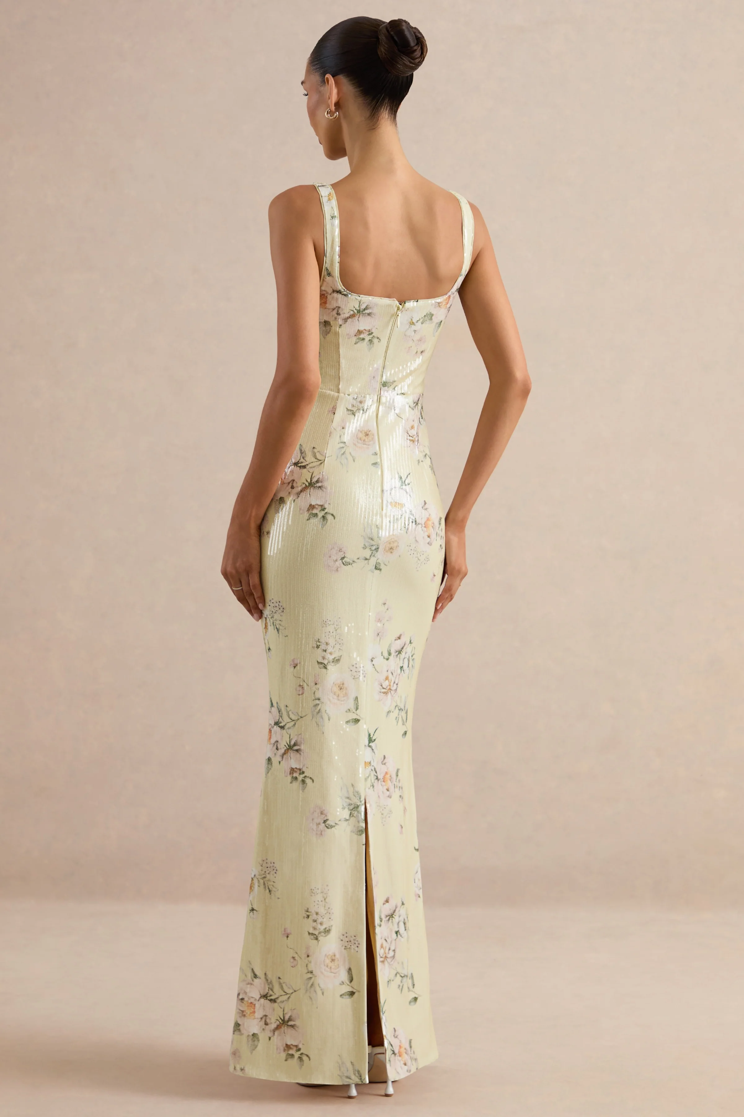 Danette | Yellow Floral Print Sequin Square-Neck Maxi Dress