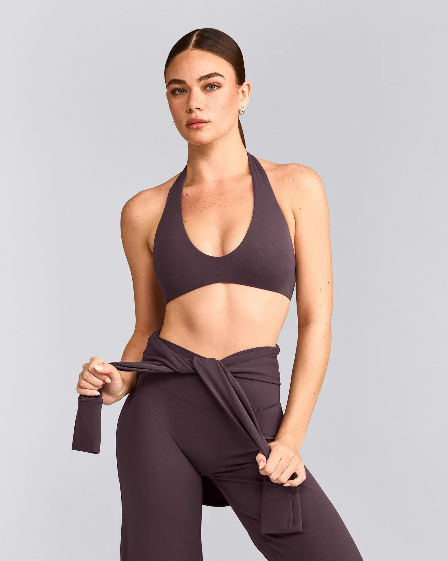 SoftMotion™ Minimal Halter Neck Bralette with Grey Logo | Dark Umber Brown