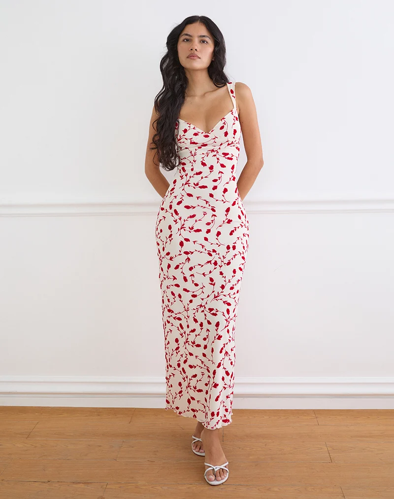 Sitiya Maxi Dress in Cream with Red Leafy Lily Flock