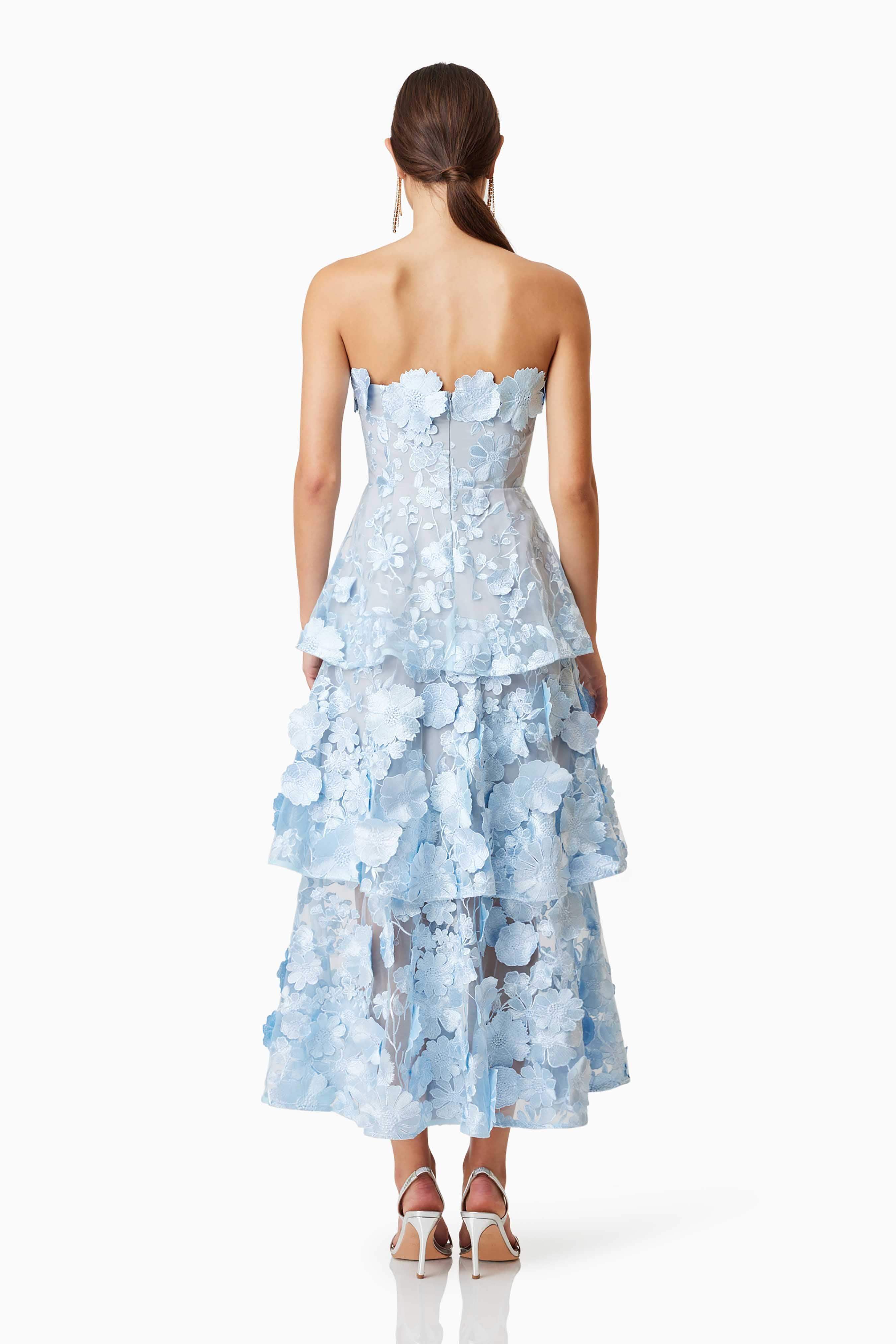 Selene Maxi Tiered 3D Dress In Blue