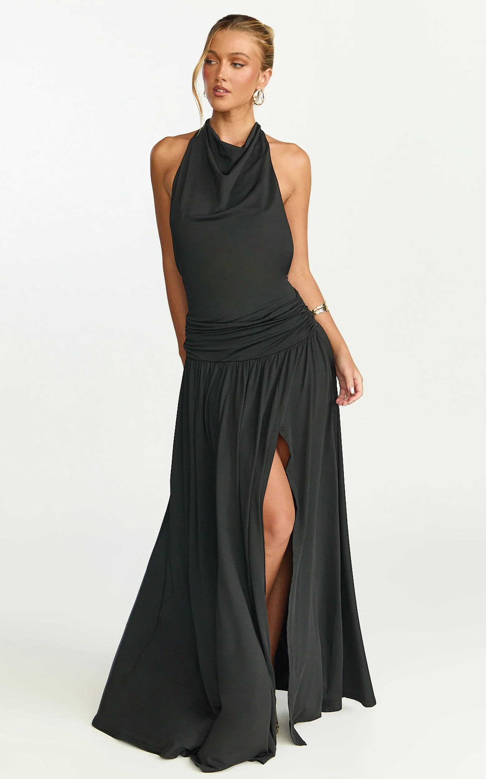 Sophia Maxi Dress - Backless High Cowl Neck Jersey Dress in Black