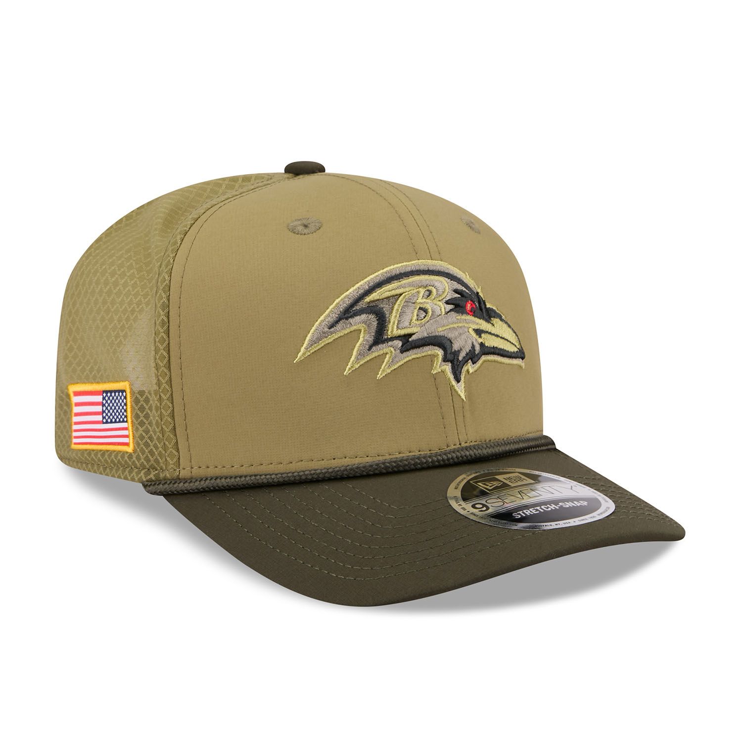 Baltimore Ravens 2025 NFL Salute to Service 9SEVENTY Trucker Snapback Cap Olive