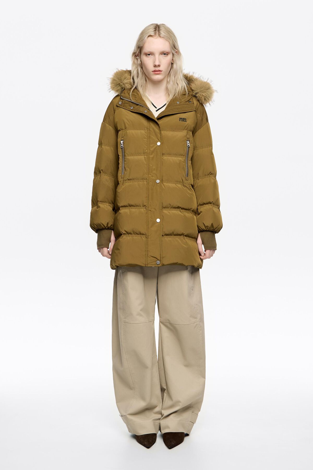 Midi length dark khaki fur hooded down jacket