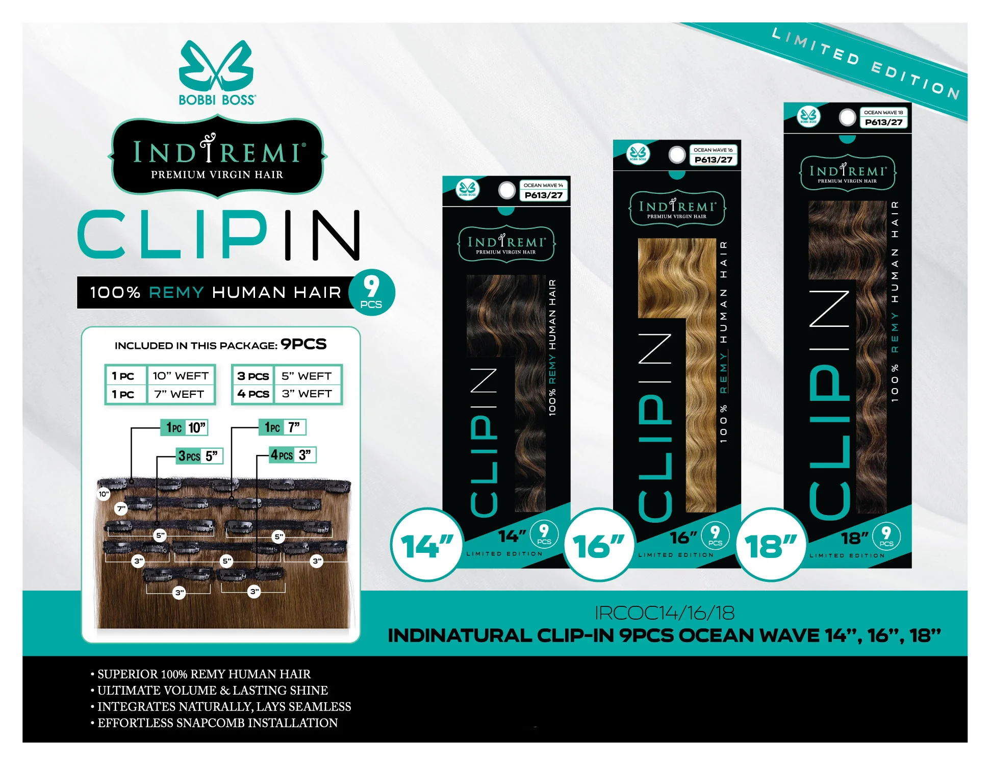 Bobbi Boss Indiremi Clip-In 9 PCS 100% Remy Human Hair Weaving - OCEAN WAVE 14