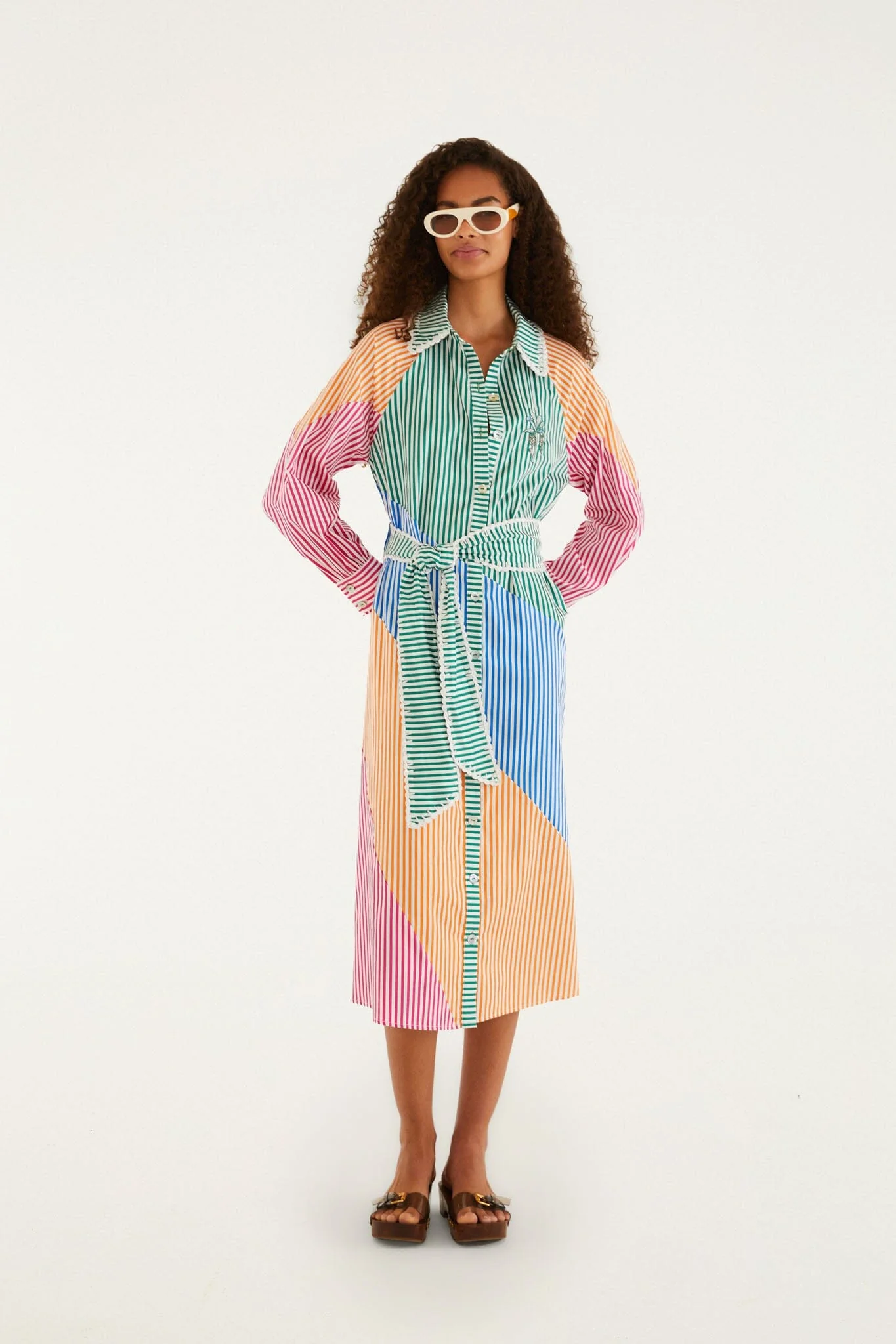 Multicolor Stripes Embroidered Belted  Midi Dress